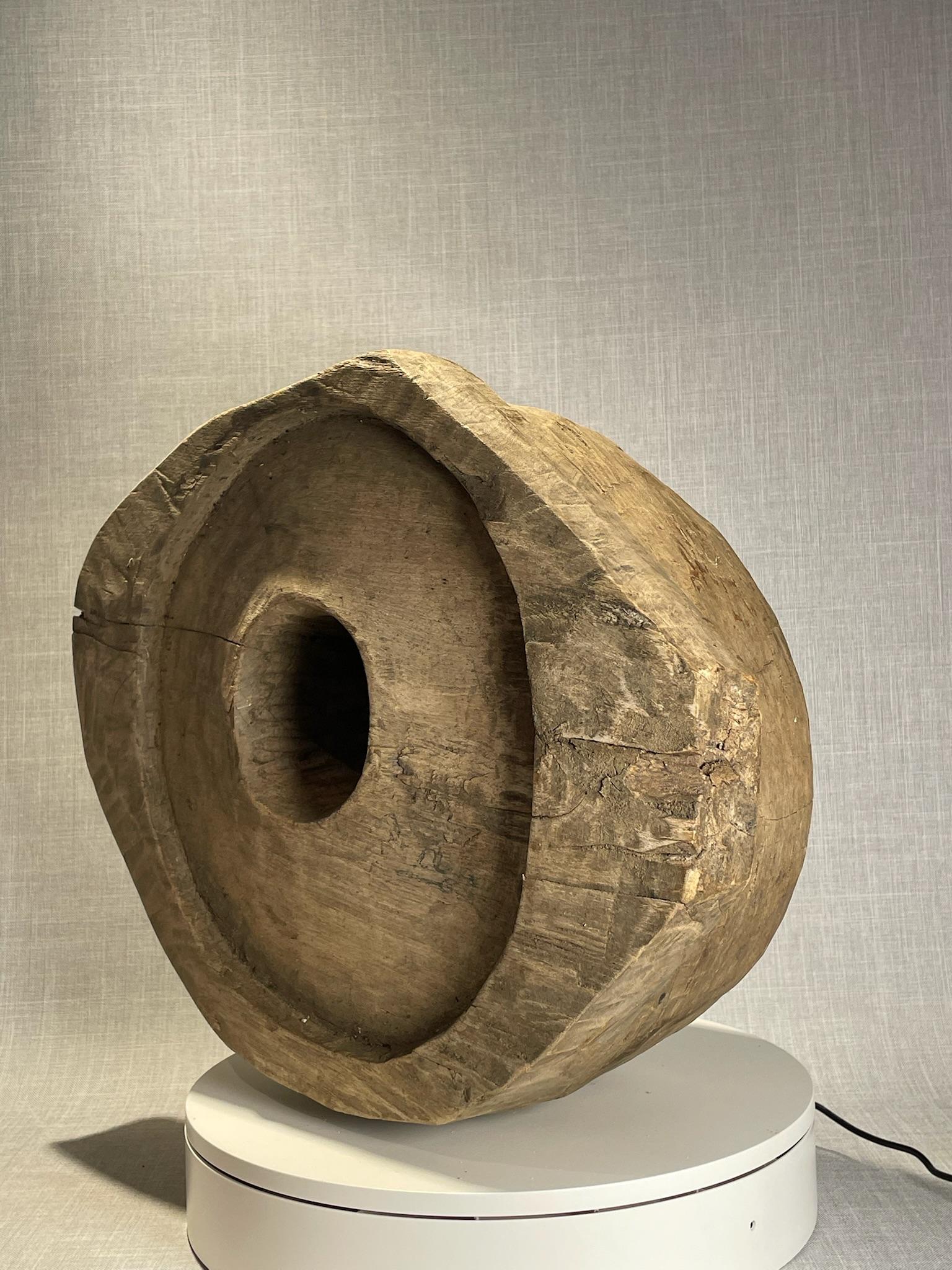 Antique Hand-Carved Wooden Mortar Base – Rustic Primitive Tool For Sale 2