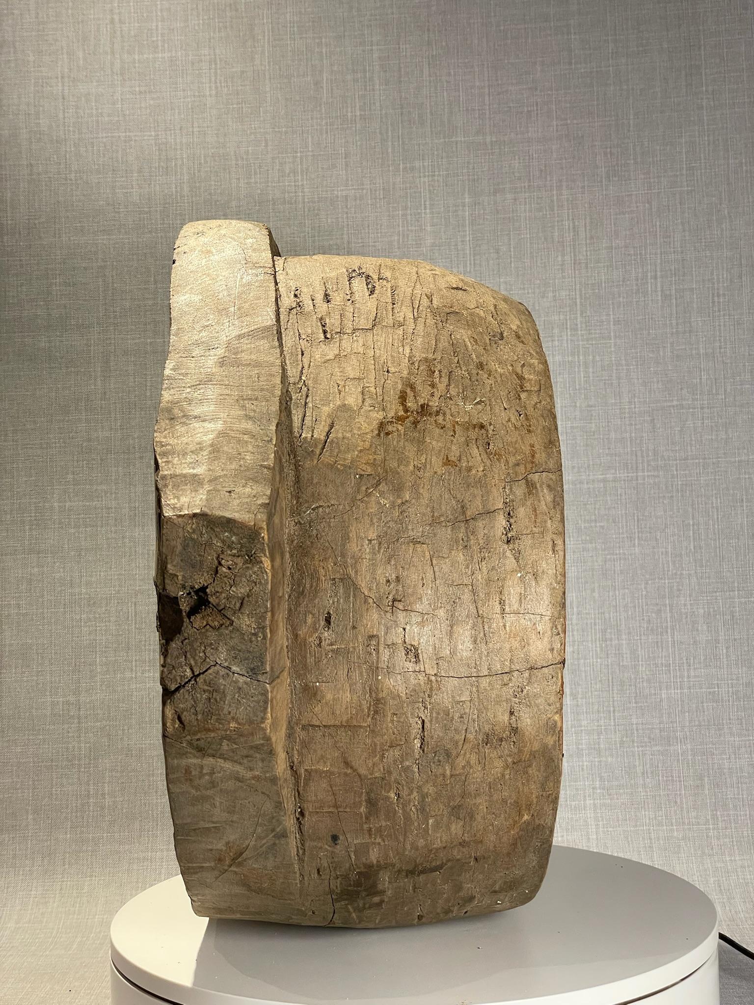 Antique Hand-Carved Wooden Mortar Base – Rustic Primitive Tool For Sale 3