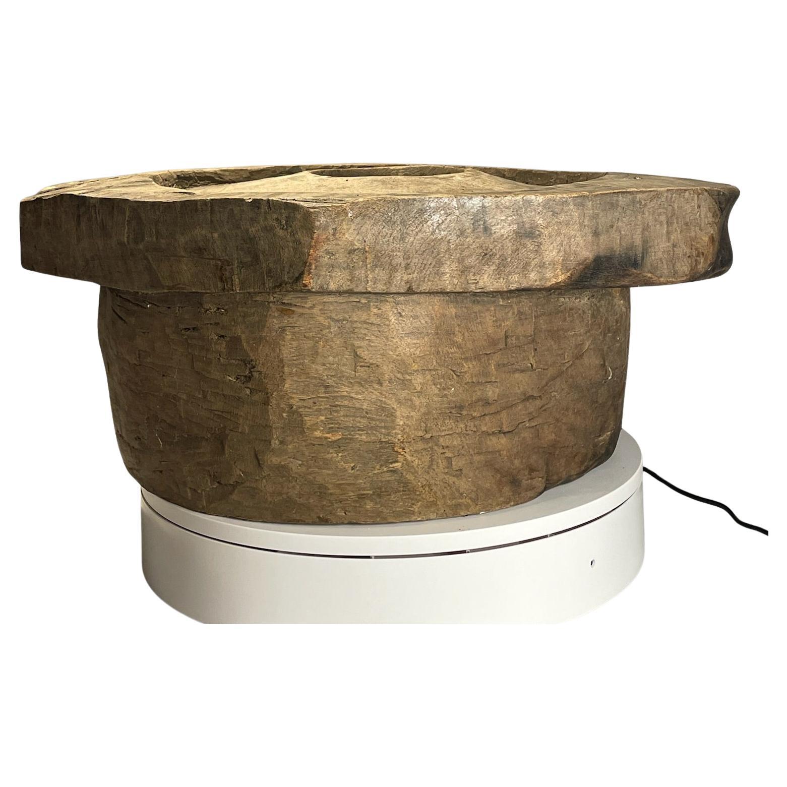 Antique Hand-Carved Wooden Mortar Base – Rustic Primitive Tool For Sale