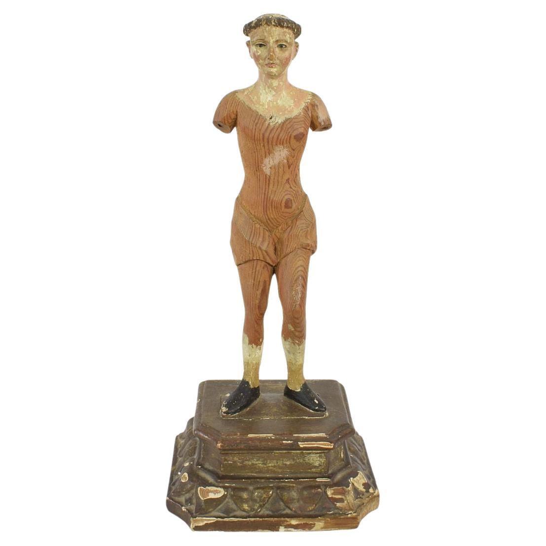 Antique Hand-Carved Wooden Saint Figure, Italian, Circa 1800-1850, Glass Eyes