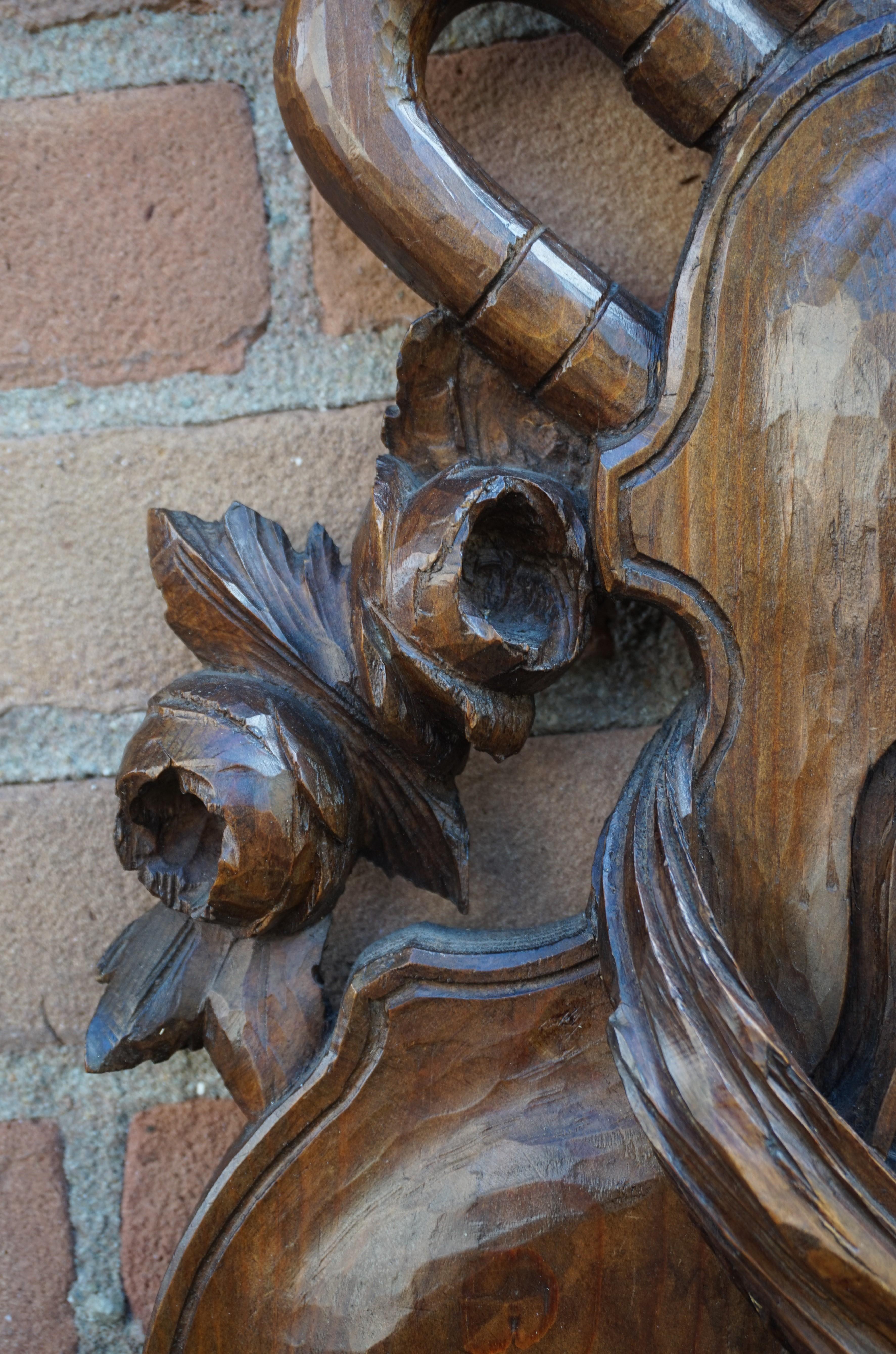 Antique Hand Carved Wooden Violin / Fiddle, Trumpet & Tambourine Wall Sculpture 4