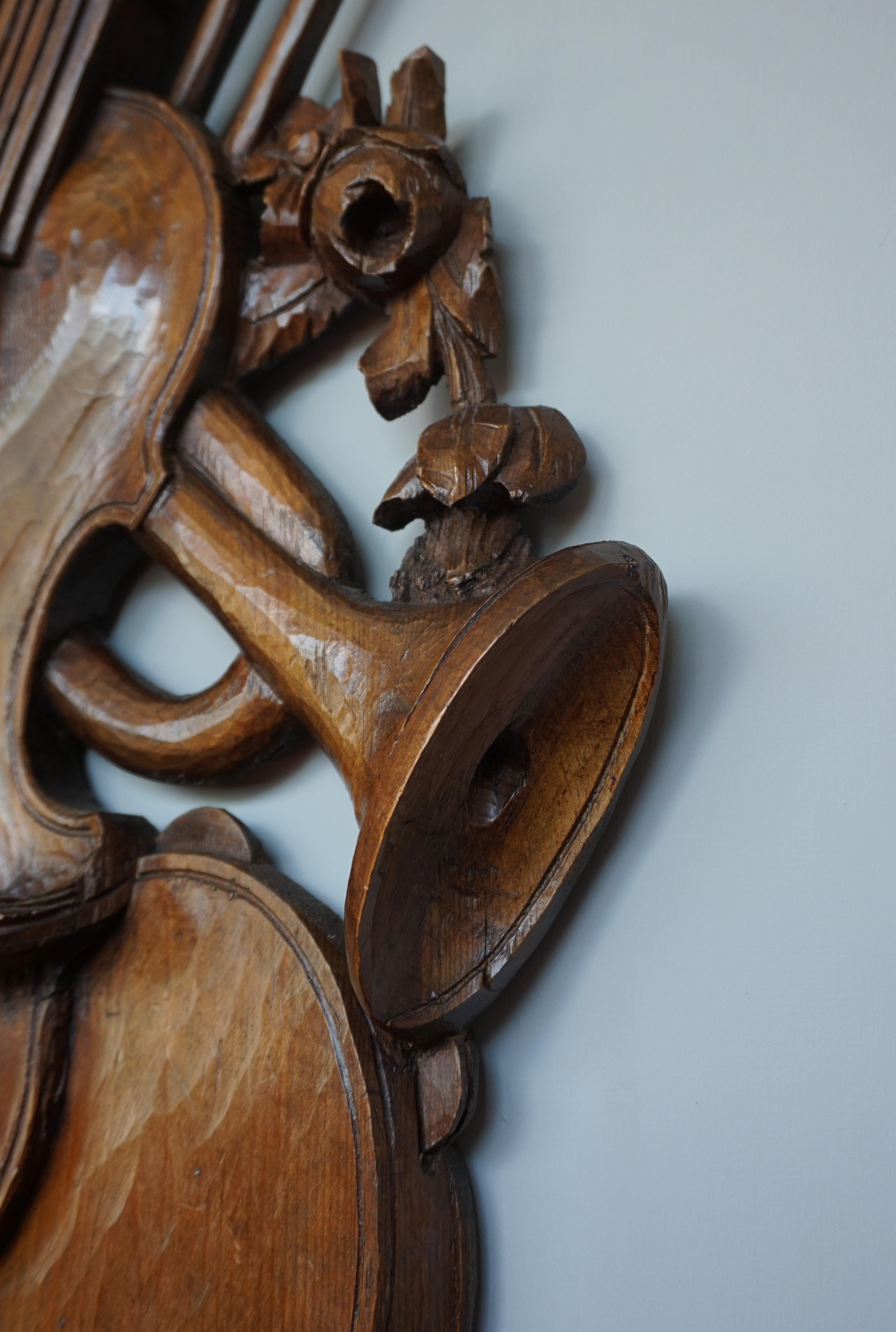 Antique Hand Carved Wooden Violin / Fiddle, Trumpet & Tambourine Wall Sculpture 12