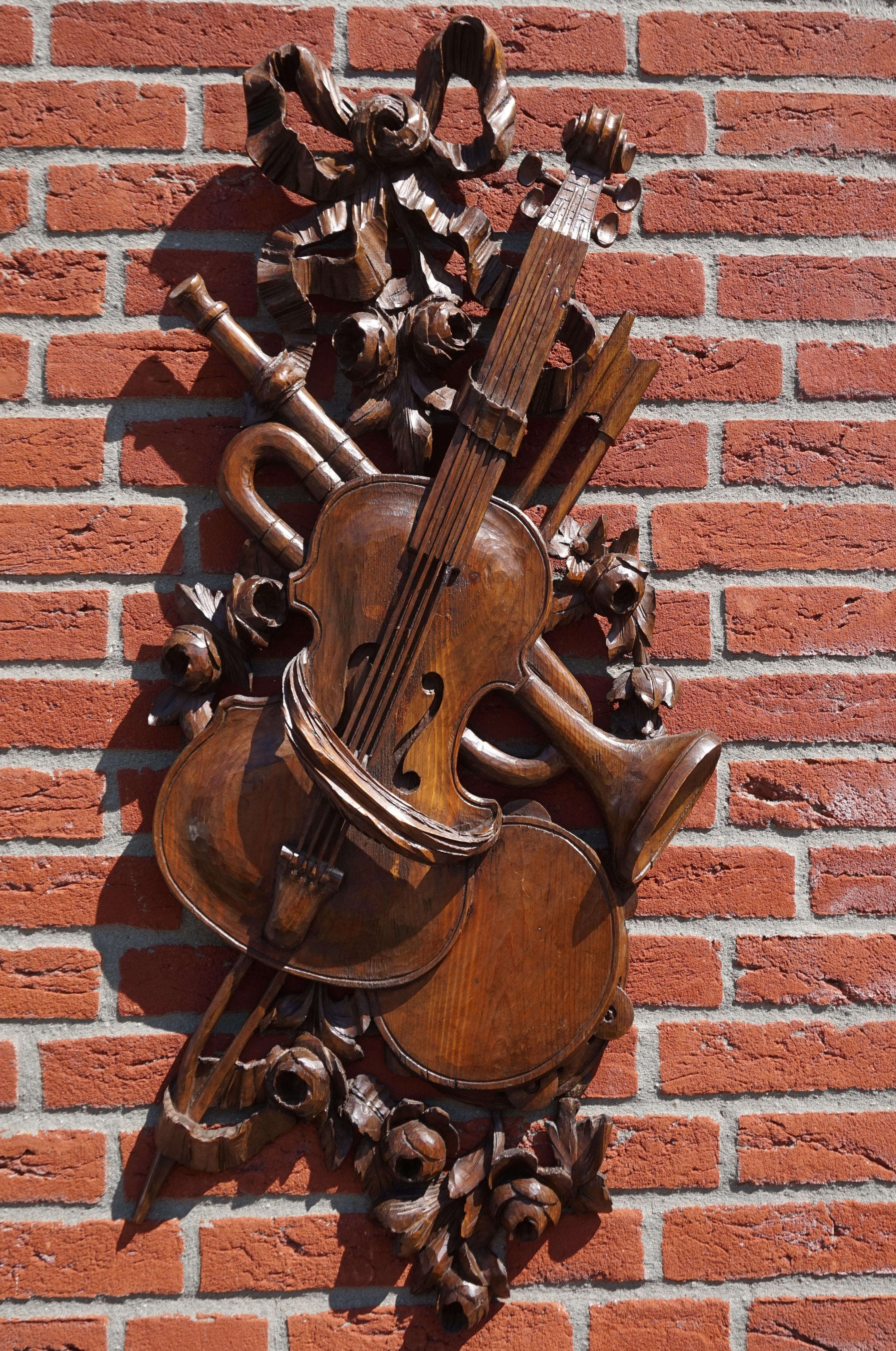 Antique Hand Carved Wooden Violin / Fiddle, Trumpet & Tambourine Wall Sculpture 13