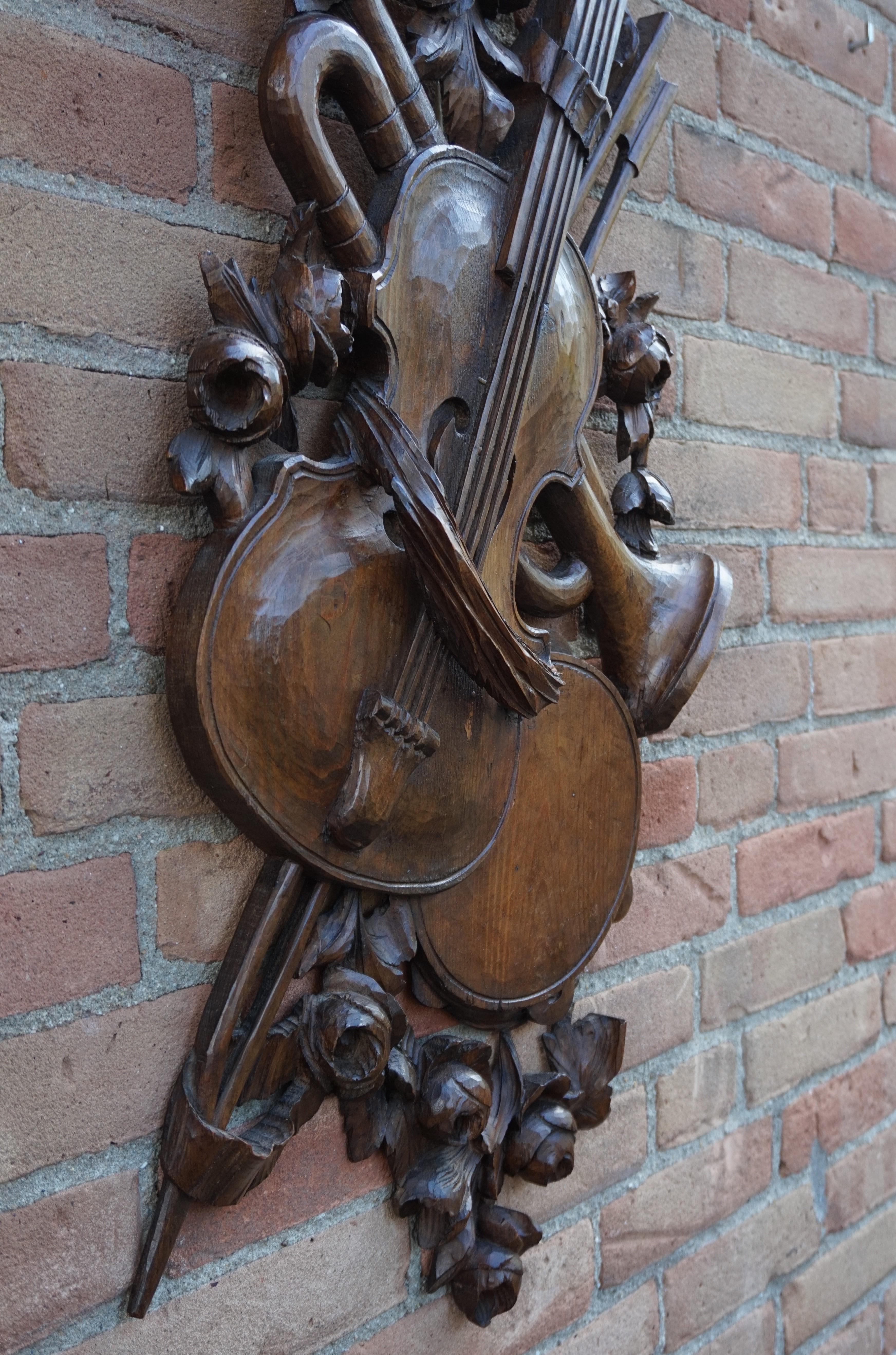 European Antique Hand Carved Wooden Violin / Fiddle, Trumpet & Tambourine Wall Sculpture