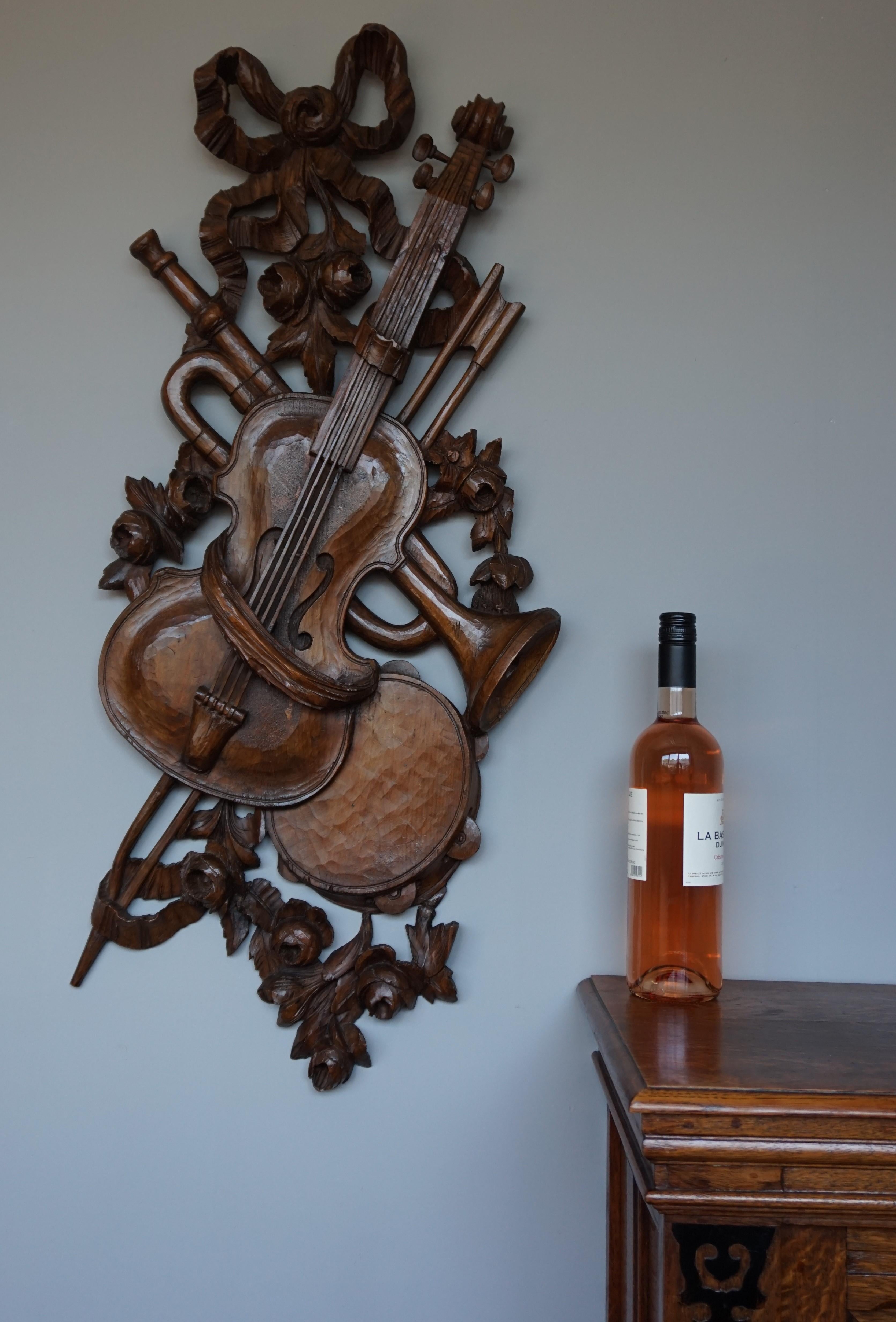 Hand-Carved Antique Hand Carved Wooden Violin / Fiddle, Trumpet & Tambourine Wall Sculpture