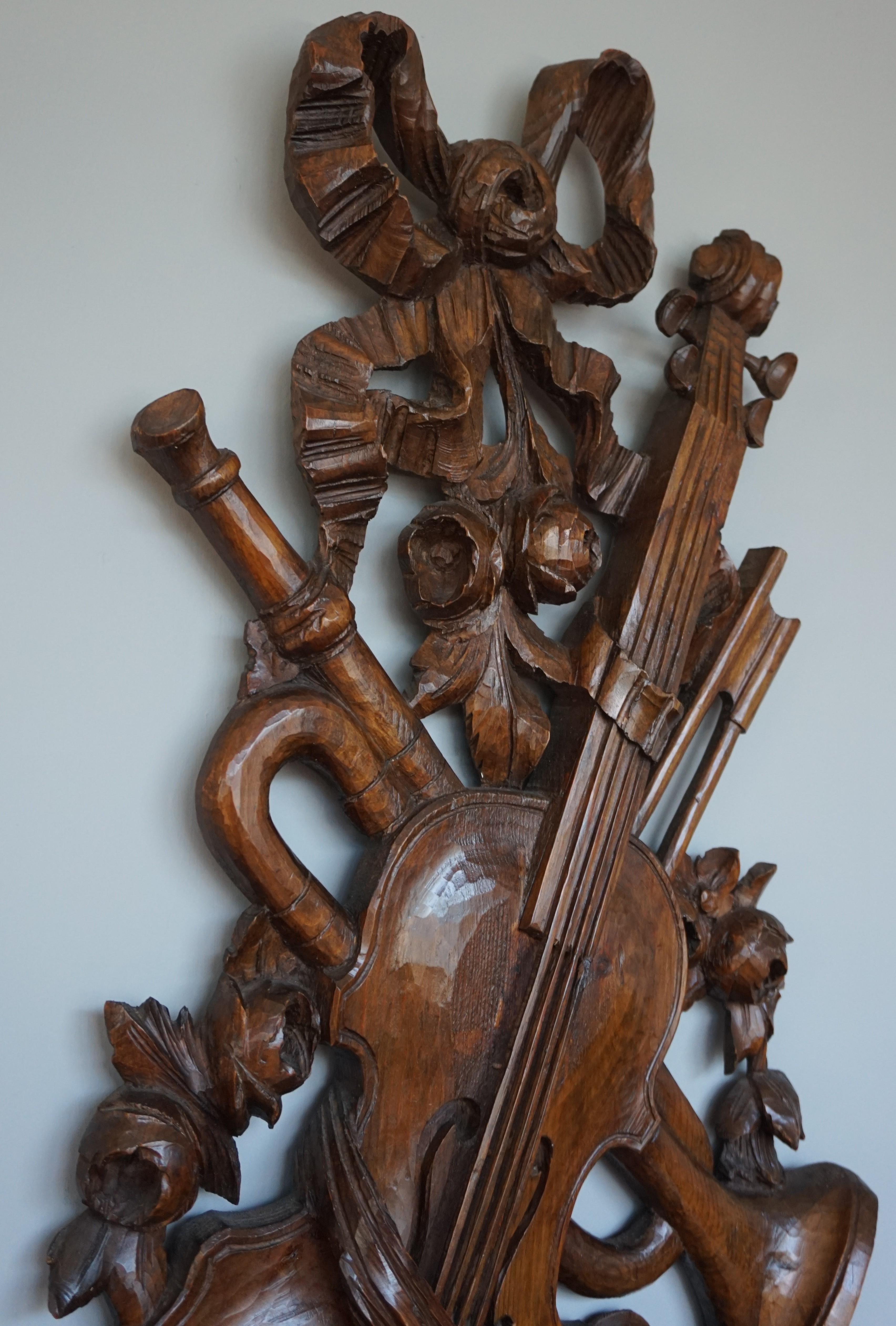 20th Century Antique Hand Carved Wooden Violin / Fiddle, Trumpet & Tambourine Wall Sculpture