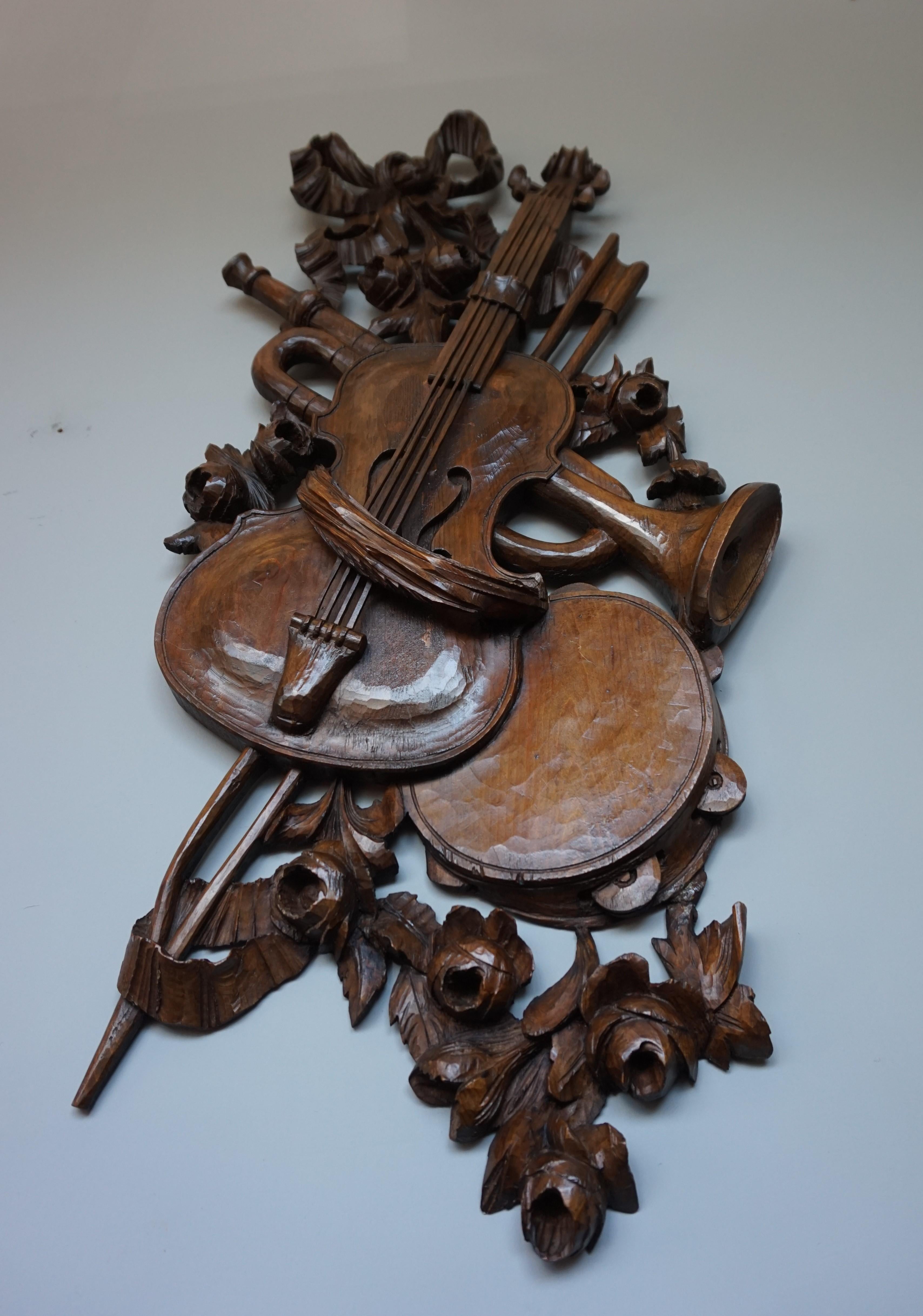 Antique Hand Carved Wooden Violin / Fiddle, Trumpet & Tambourine Wall Sculpture 1