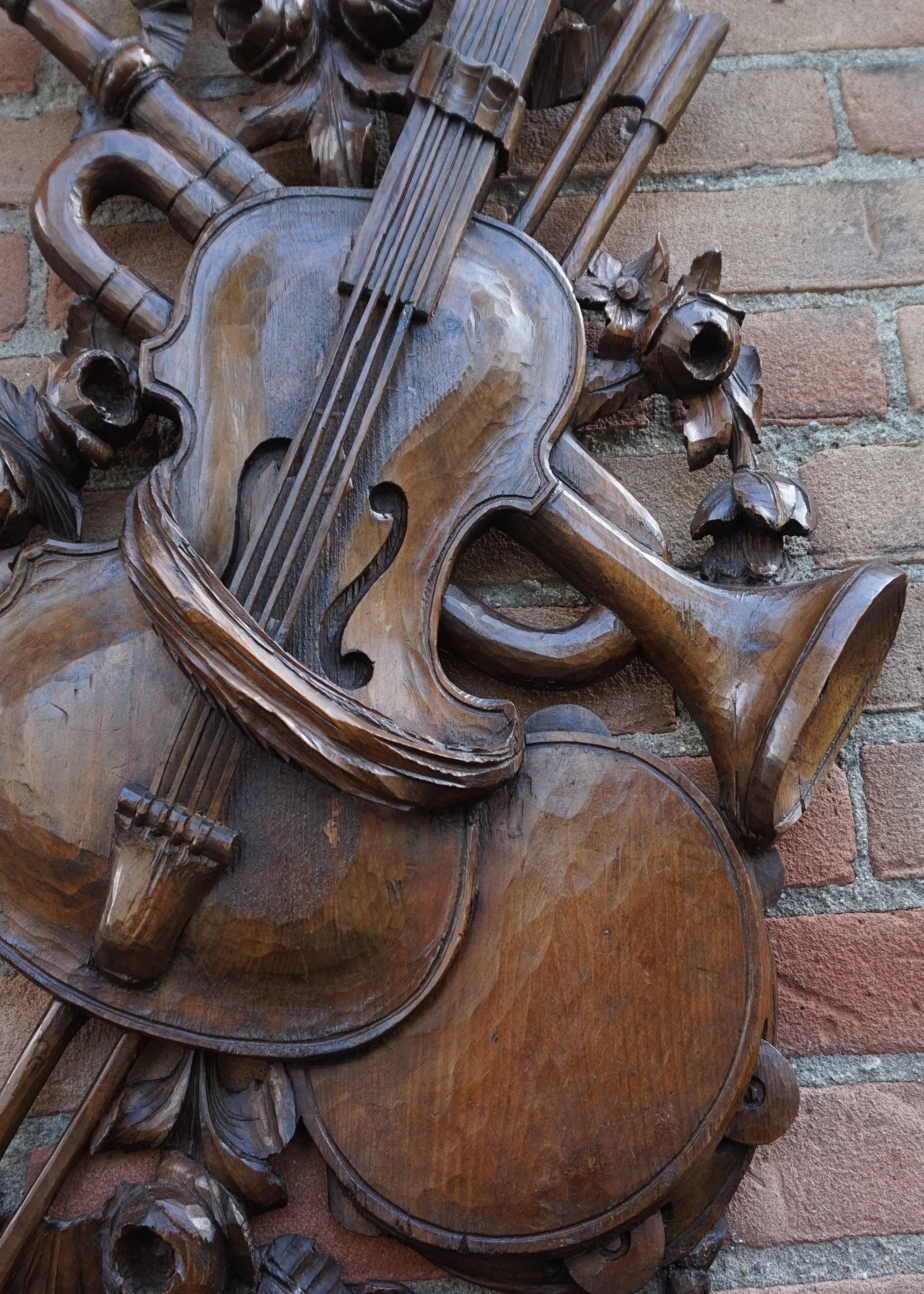 Antique Hand Carved Wooden Violin / Fiddle, Trumpet & Tambourine Wall Sculpture 2