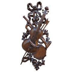 Antique Hand Carved Wooden Violin / Fiddle, Trumpet & Tambourine Wall Sculpture