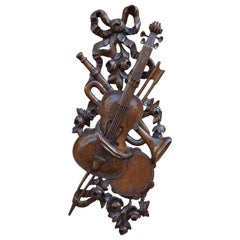 Antique Hand Carved Wooden Violin / Fiddle, Trumpet & Tambourine Wall Sculpture