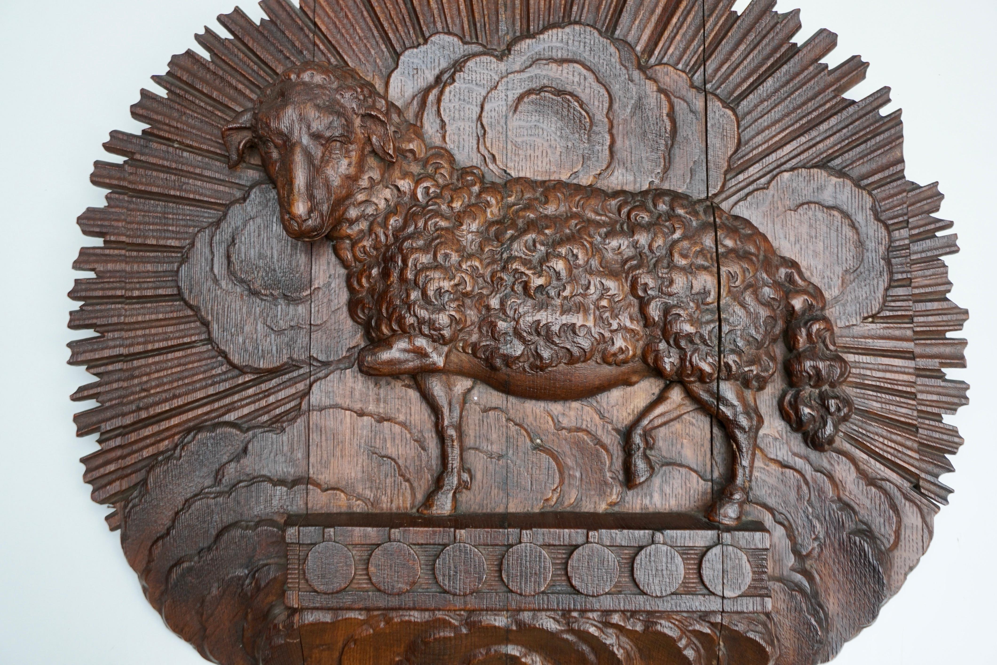 Italian Antique Hand-carved Wooden Wall Relief of the Lamb of God For Sale