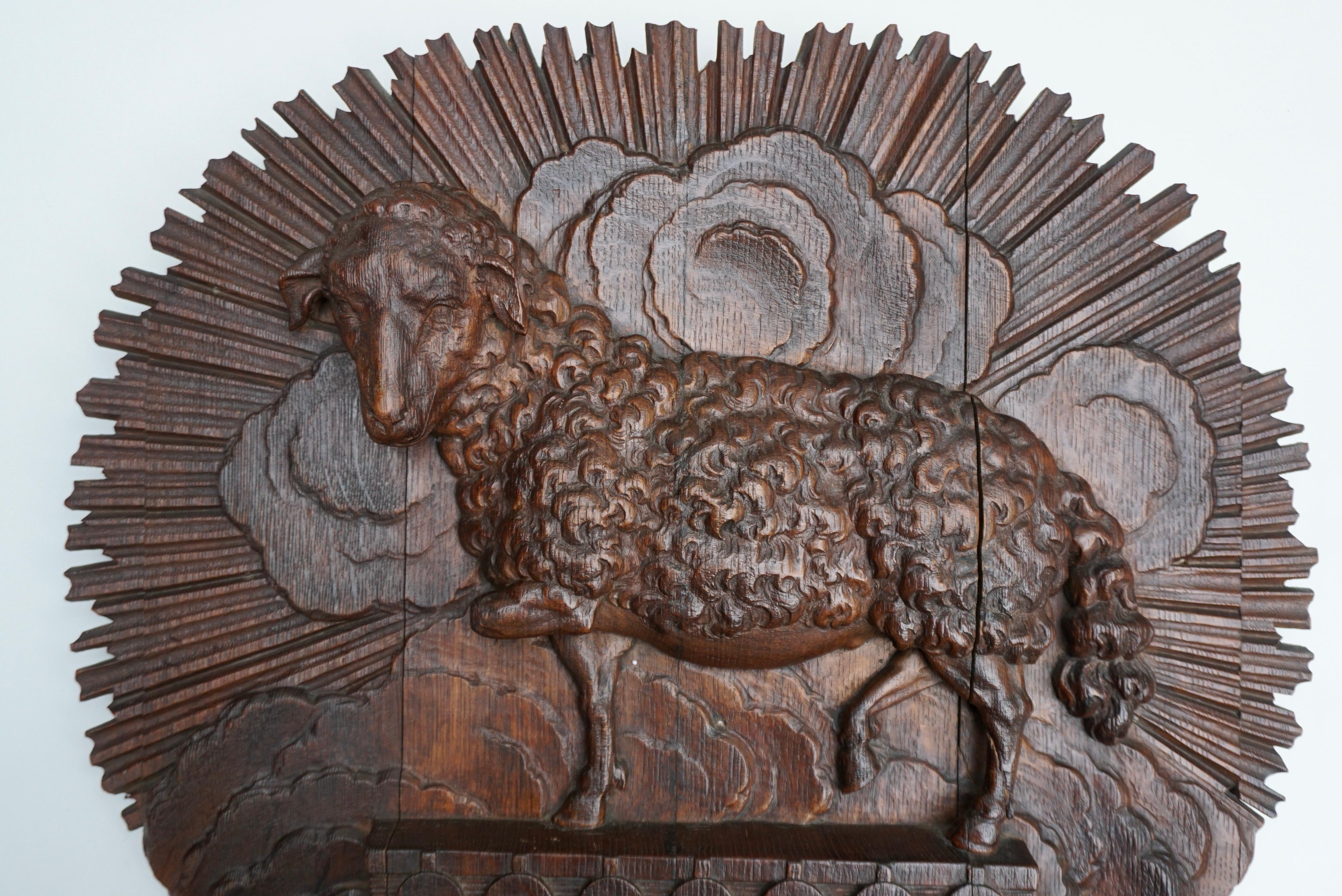 Hand-Carved Antique Hand-carved Wooden Wall Relief of a Sheep. For Sale