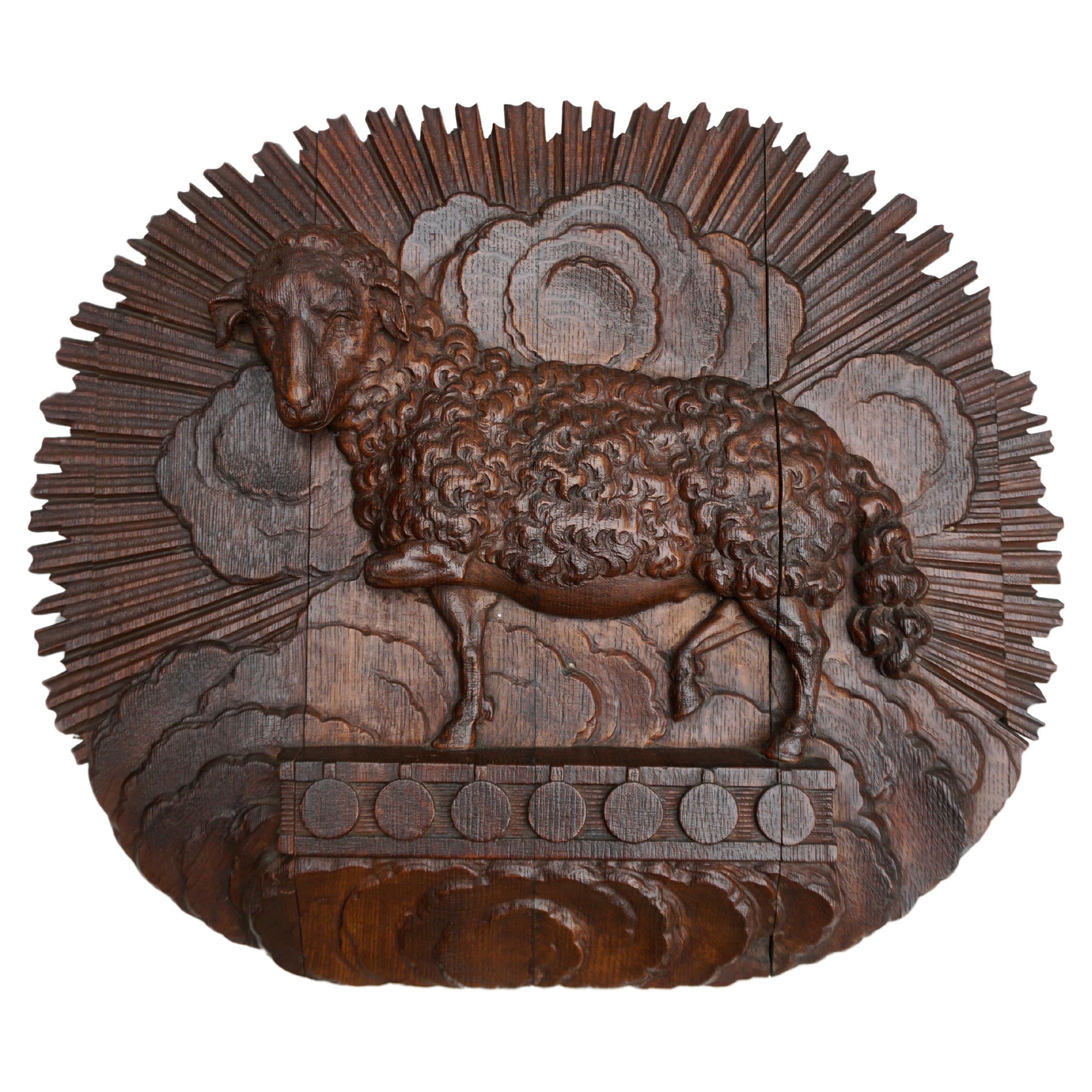 Antique Hand-carved Wooden Wall Relief of a Sheep. For Sale