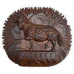 Antique Hand-carved Wooden Wall Relief of the Lamb of God