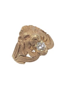 Antique Hand Chased Yellow Gold Lion Ring with Diamond