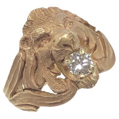 Antique Hand Chased Yellow Gold Lion Ring with Diamond