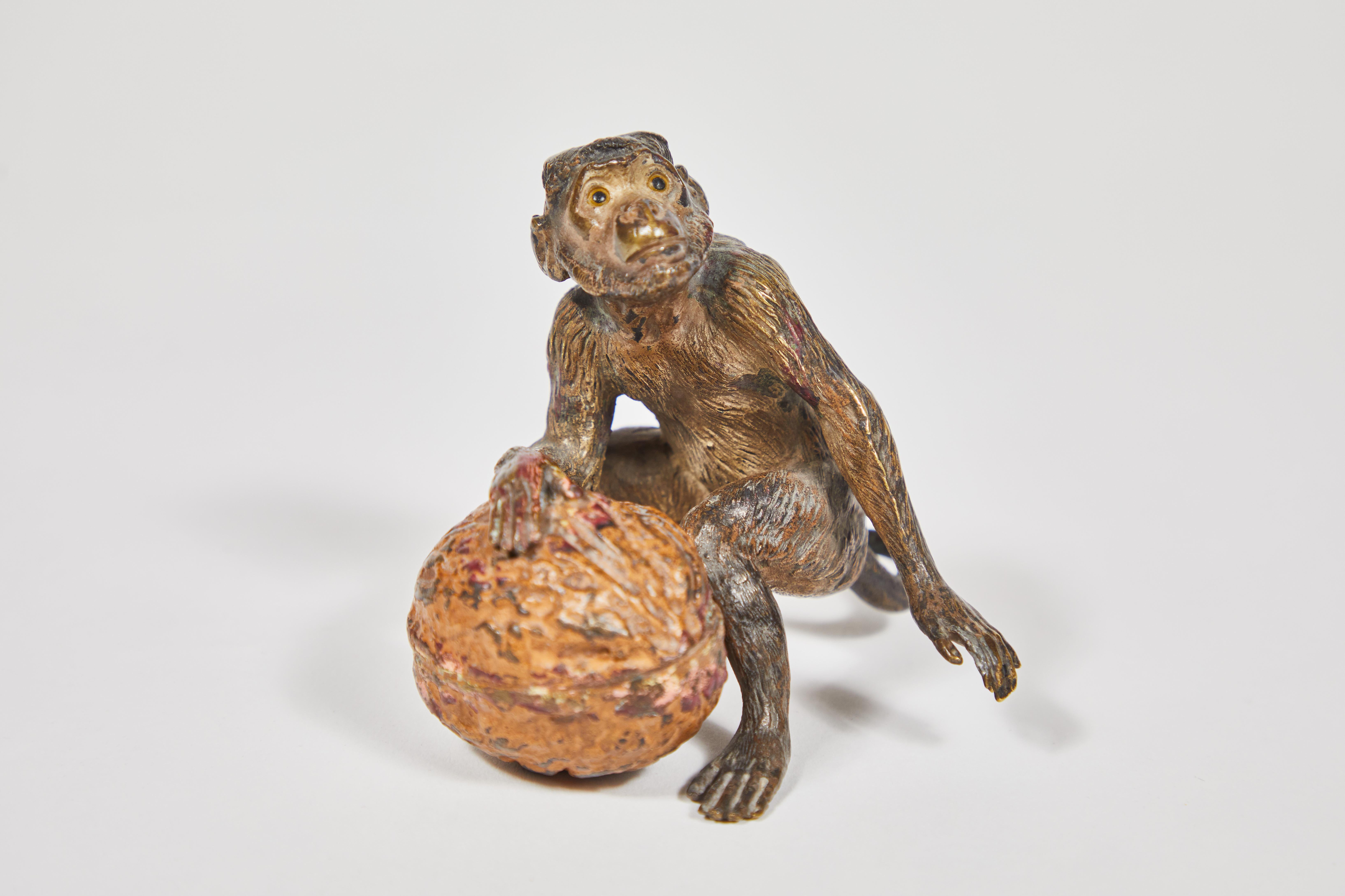 Austrian Antique Hand Cold Painted Bronze Monkey with a Walnut