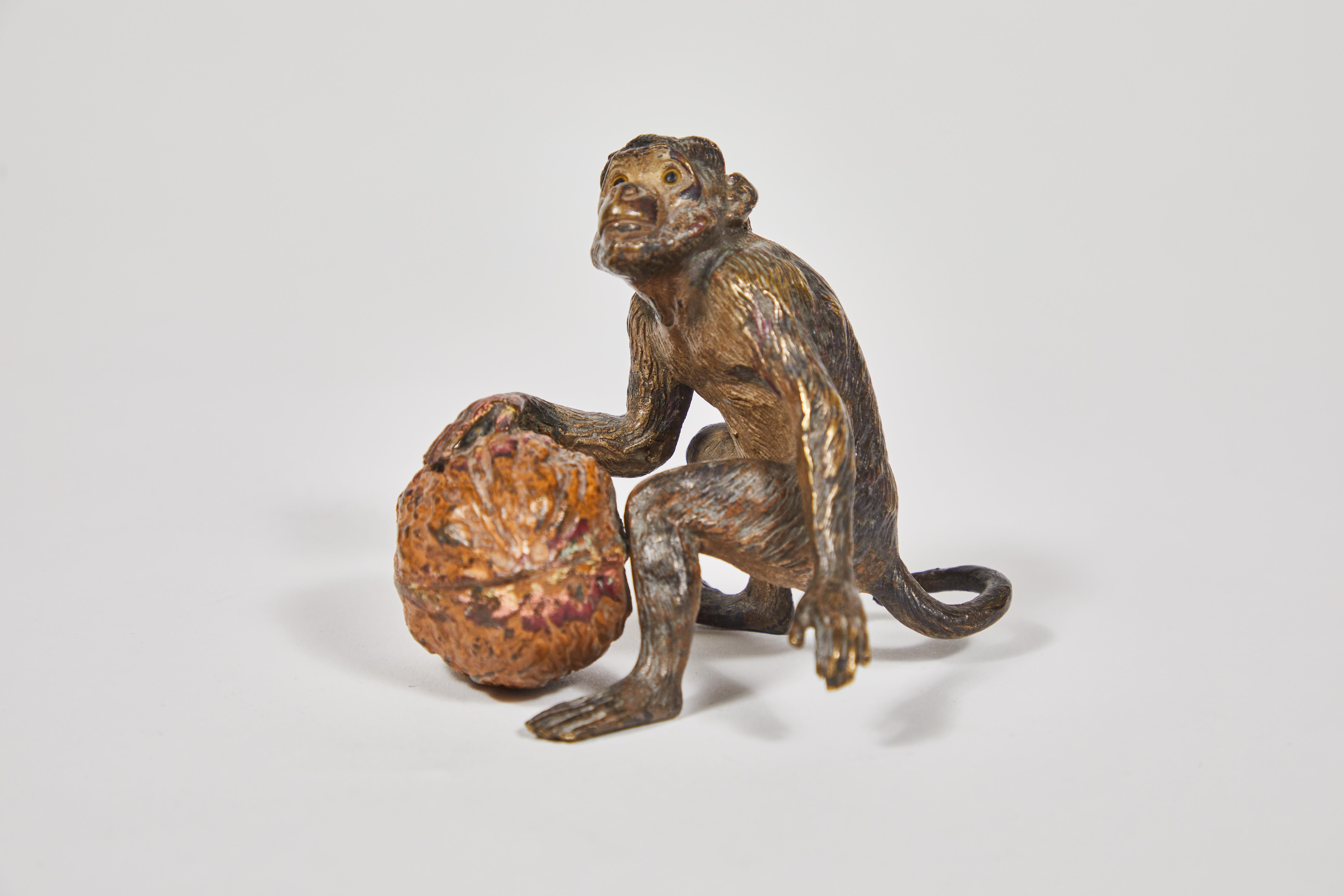 19th Century Antique Hand Cold Painted Bronze Monkey with a Walnut