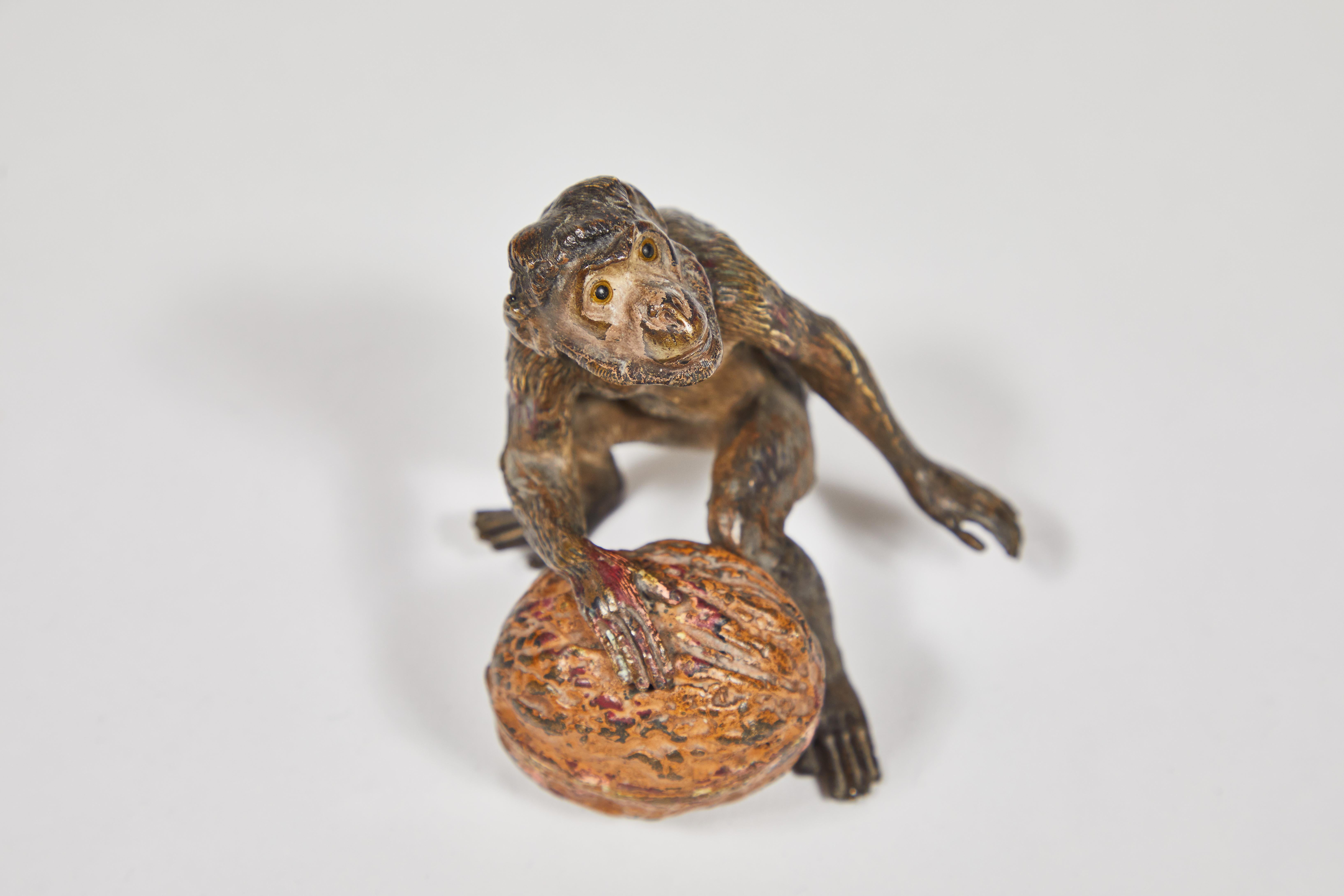 Antique Hand Cold Painted Bronze Monkey with a Walnut 1