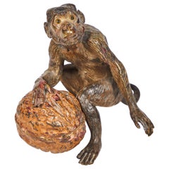 Antique Hand Cold Painted Bronze Monkey with a Walnut