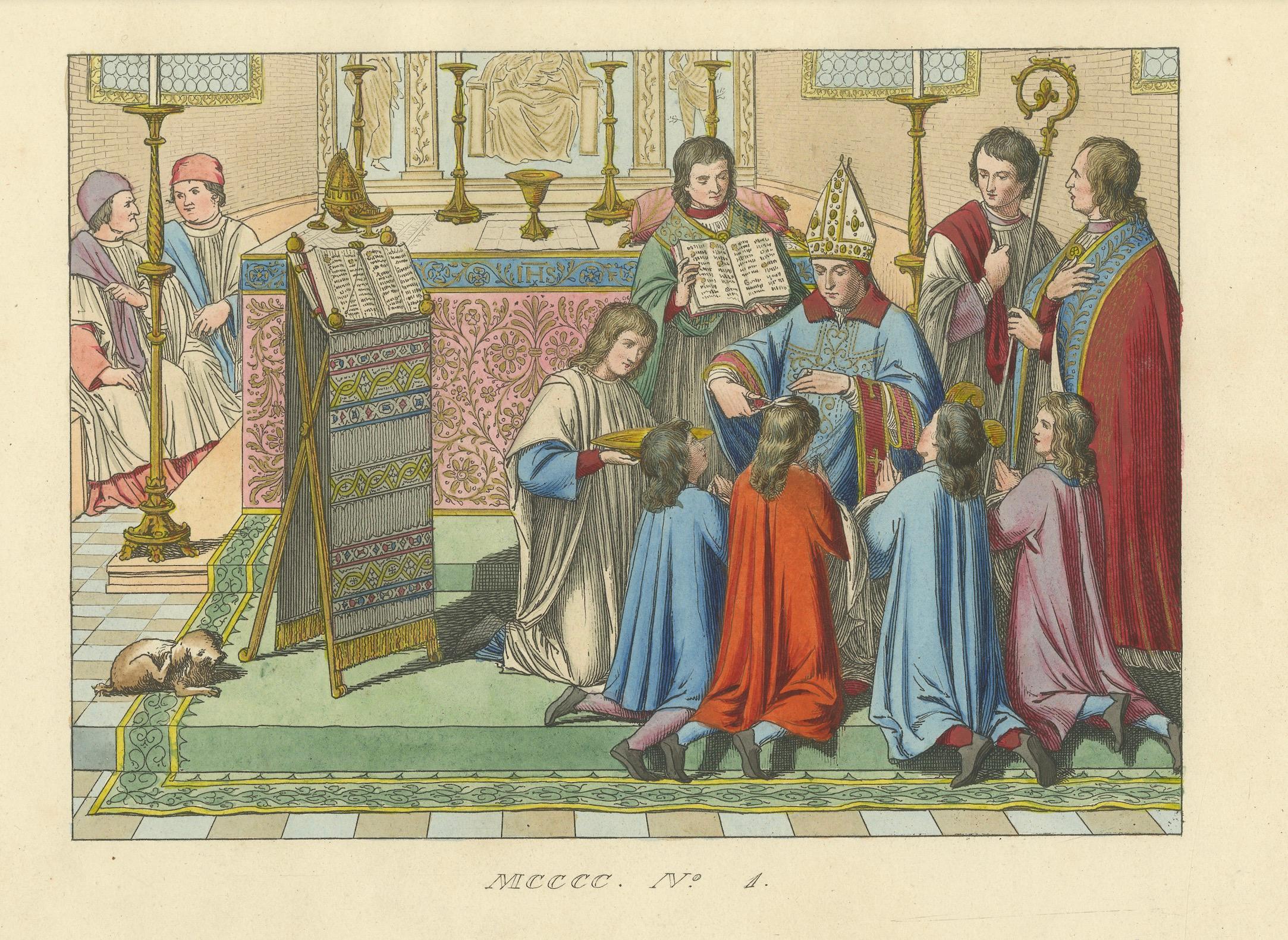 Medieval Church Ceremony with Clergy and Choirboys, Richly Detailed Engraving

Description:
This vivid hand-colored engraving from the 1845 publication 'Costumes Historiques des XIIIe, XIVe et XVe Siècles' presents a rare and detailed glimpse into a