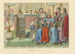 Antique Hand-Colored 1845 Engraving of Medieval Church Ceremony, France