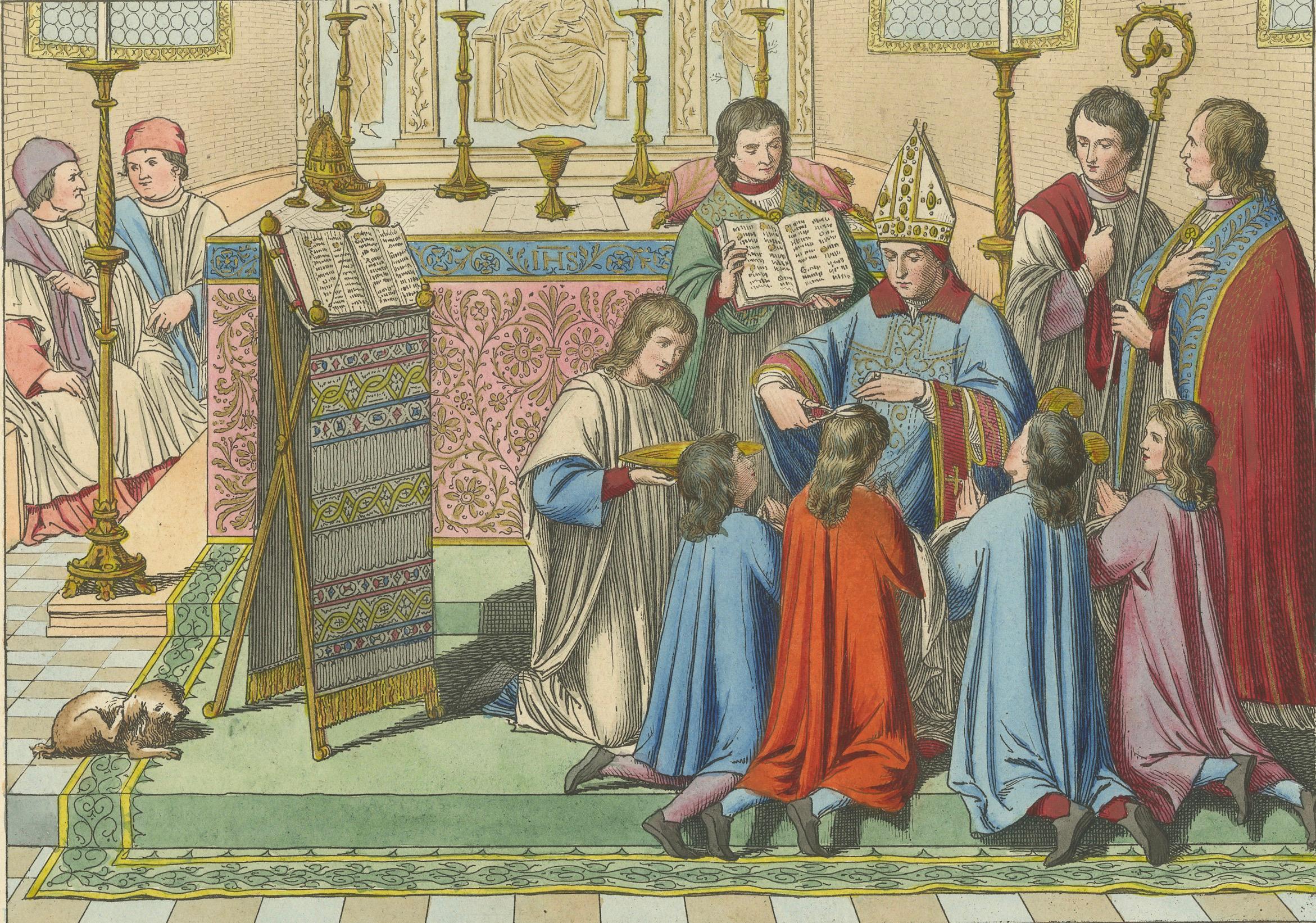 French Antique Hand-Colored 1845 Engraving of Medieval Church Ceremony, France For Sale