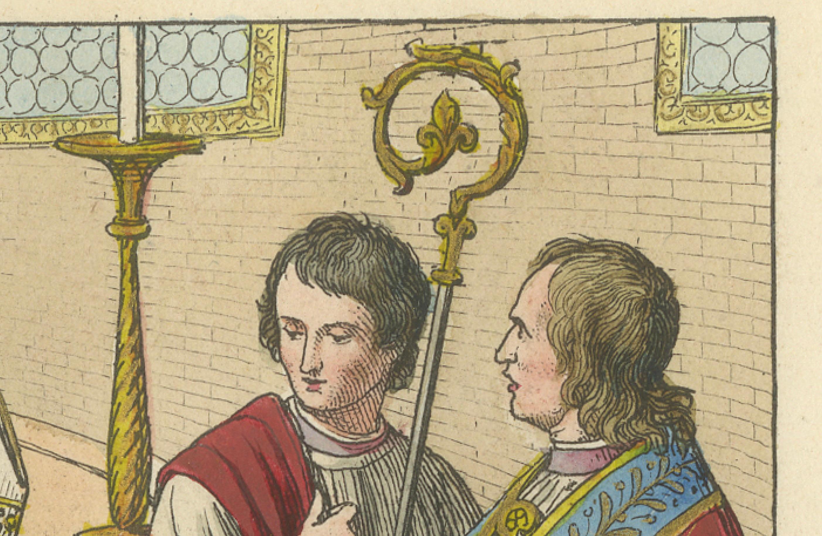Antique Hand-Colored 1845 Engraving of Medieval Church Ceremony, France In Good Condition For Sale In Langweer, NL