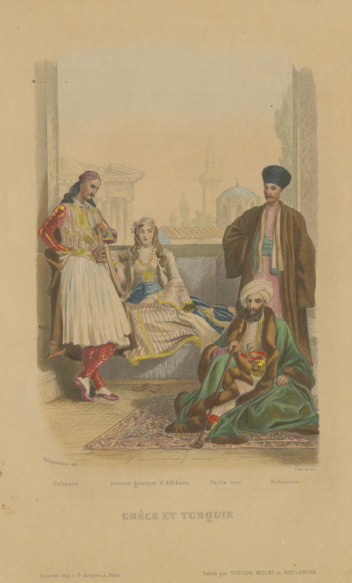 Antique Hand-Colored Costume Print of Greece, Turkey and Armenia c1860