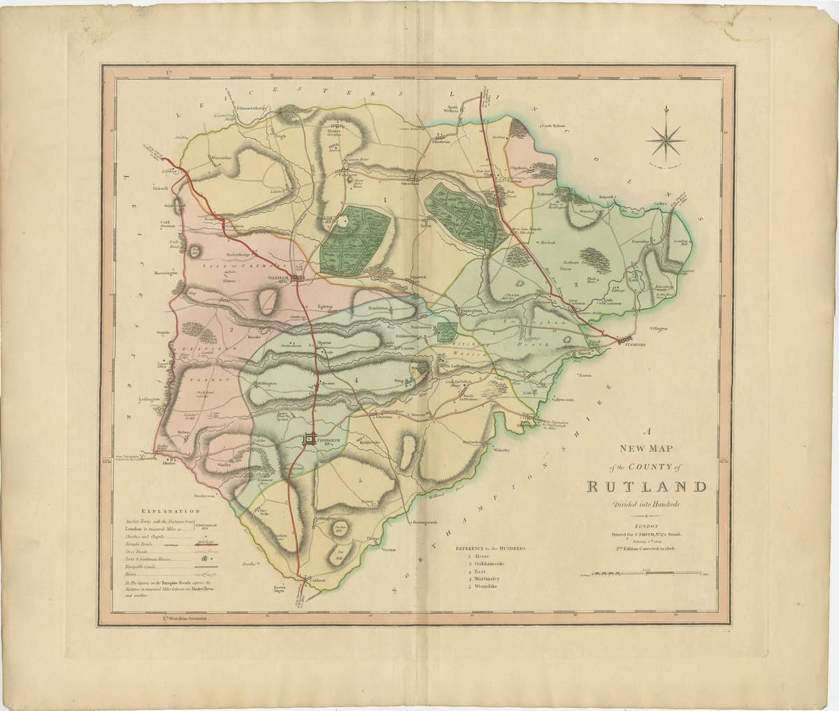 Antique Hand-Colored County Map of Rutland, England, 1804