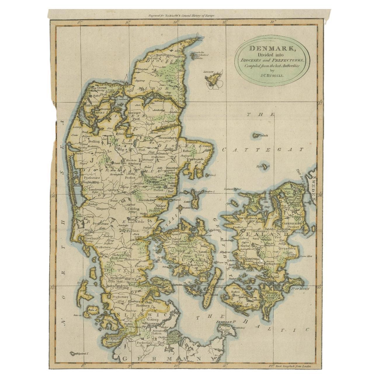 Published by Russell (J. C.). Denmark. Divided into Dioceses and Prefectures compiled from the best Authorities, 1790, hand-coloured engraved map on handmade paper with watermark. 410 x 320 mm

Very nice detailed map of Denmark in the 18th