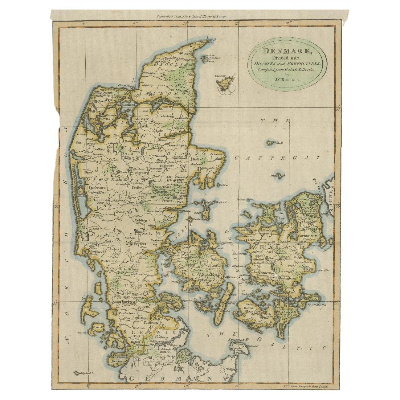 Publié par A.I.C. (J. C.). Le Danemark. Divided in Dioceses and Prefectures compiled from the best Authorities, 1790, carte gravée à la main sur papier fait main avec filigrane. 410 x 320 mm

Très belle carte détaillée du Danemark au 18e siècle.