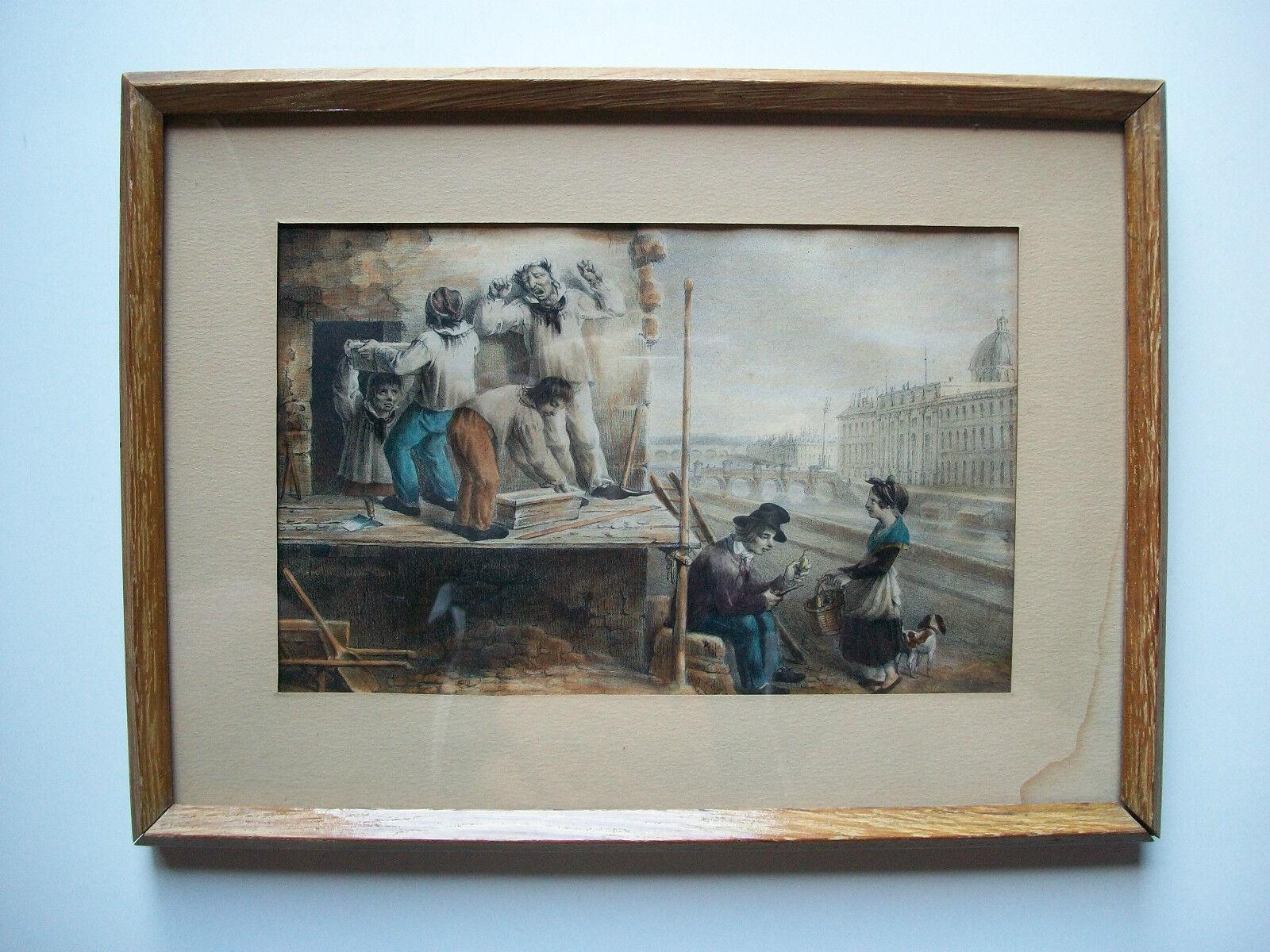 Antique hand colored engraving - early morning street urchins by the River Thames in London - solid oak frame - old English paper label verso - vintage acidic matte board behind glass - United Kingdom - circa 1880.

Excellent antique condition -