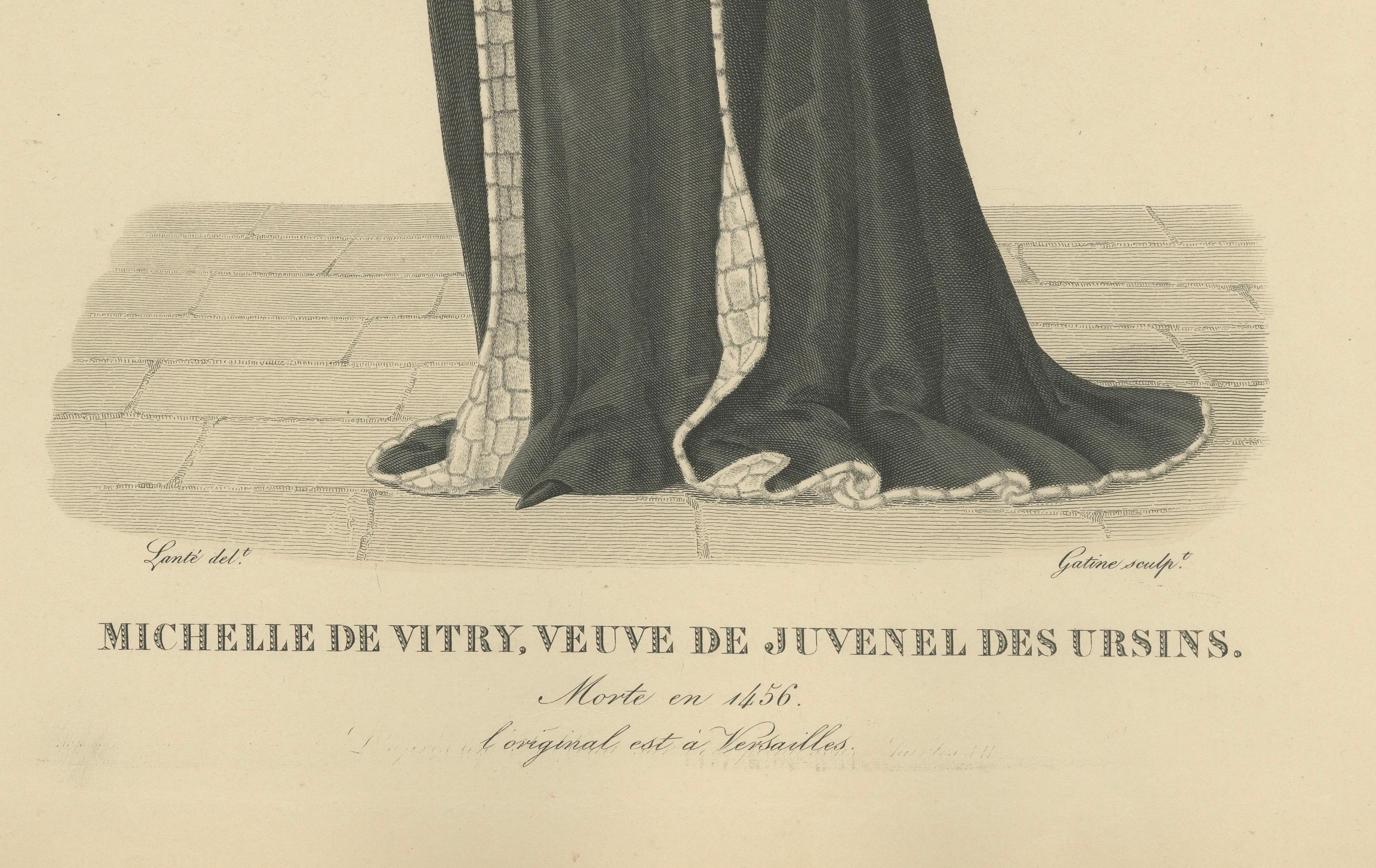 Handkolorierter Kupferstich von Michelle de Vitry, Witwe von Juvenel des Ursins, um 1900

Dieser handkolorierte Kupferstich zeigt Michelle de Vitry (gest. 1456), die Witwe von Juvenel des Ursins, in der würdevollen Kleidung einer adligen Witwe. Sie