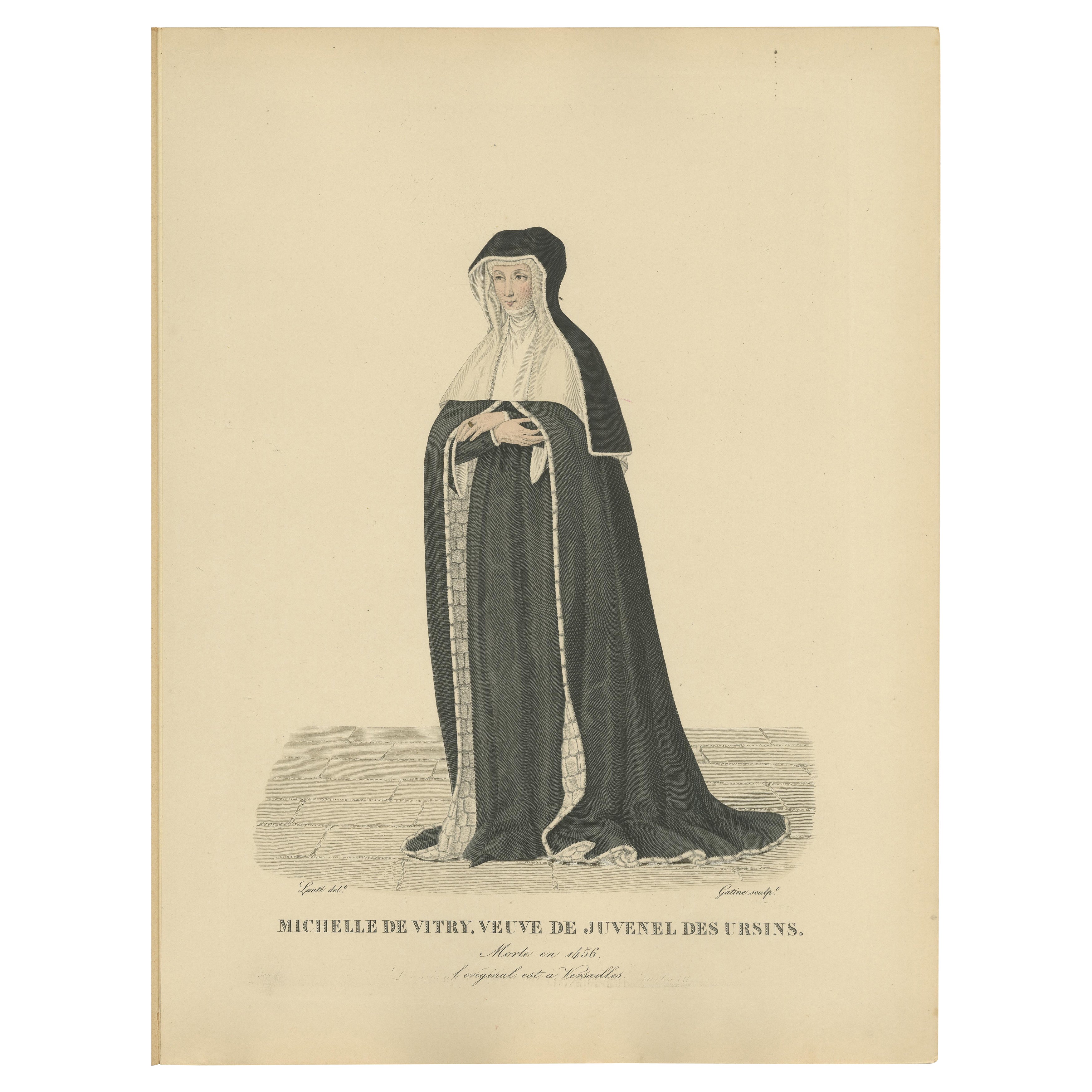 Antiker handkolorierter Kupferstich - Michelle de Vitry, Witwe von Ursins, um 1900