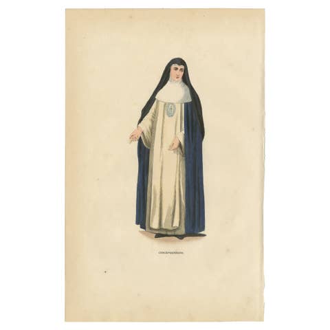 Antique Hand-Colored Engraving of a Conceptionist Nun, 19th Century