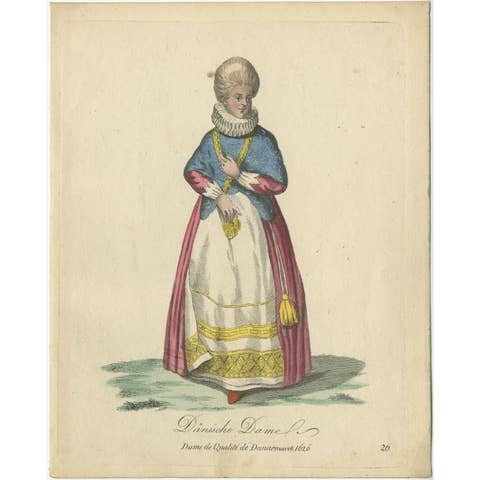 Antique Hand-Colored Engraving of a Lady from Denmark, 1805