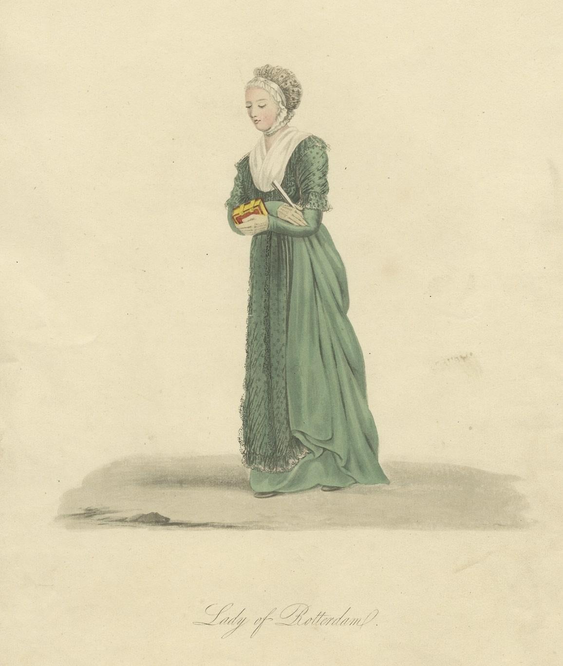 Papier Gravure ancienne colorée à la main d'une dame de Rotterdam aux Pays-Bas, 1817 en vente