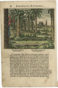 Antique Hand-Colored Engraving of Chinese Snakes,  a Temple and Pagoda, ca.1660