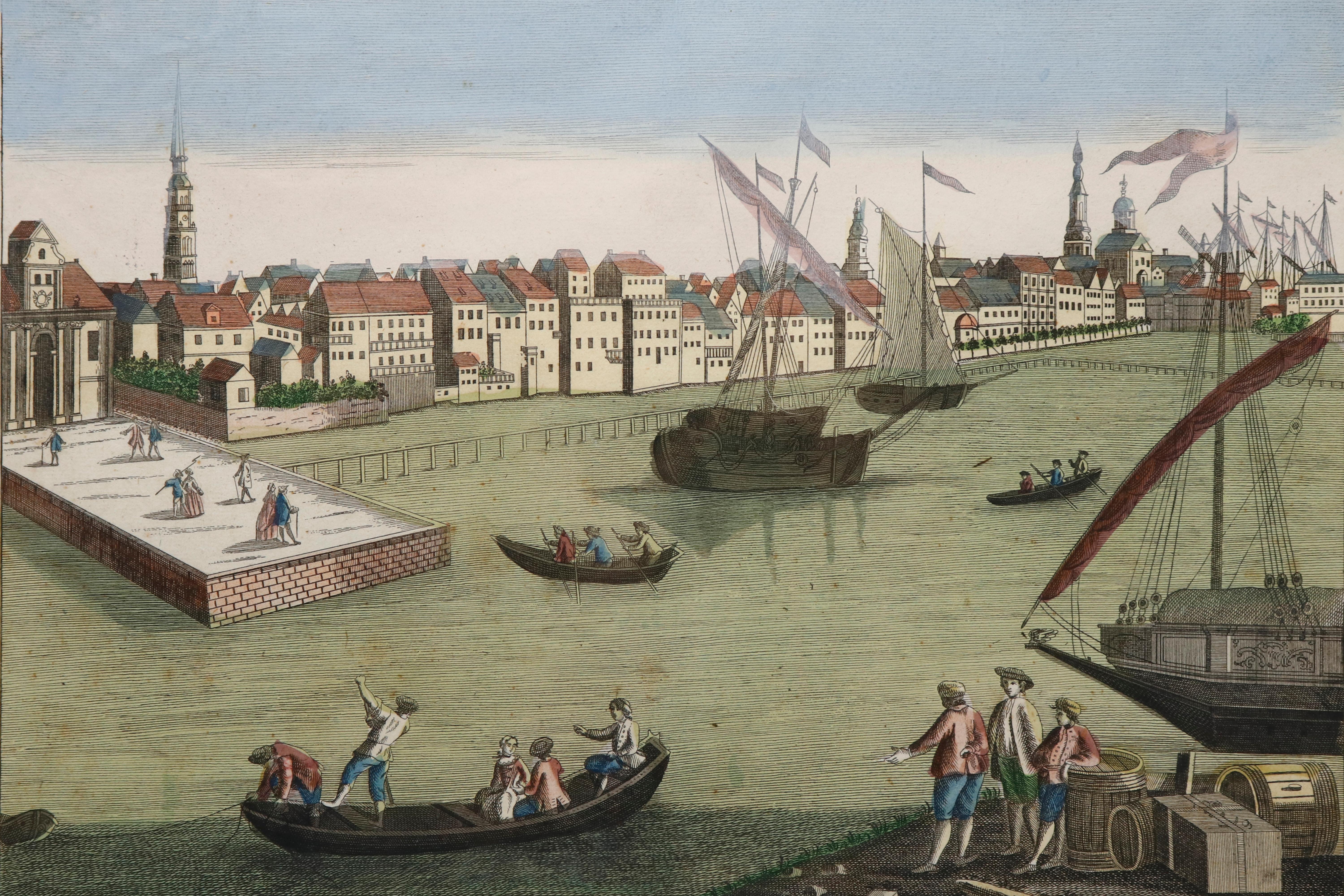 An antique hand colored engraving showing the port of Rotterdam. Inscribed in Latin and Italian “Prospectus portæ veteris roterodamensis / vista de la puerta vieja a roterdam” which translates to ‘View of the old gate to Rotterdam.’