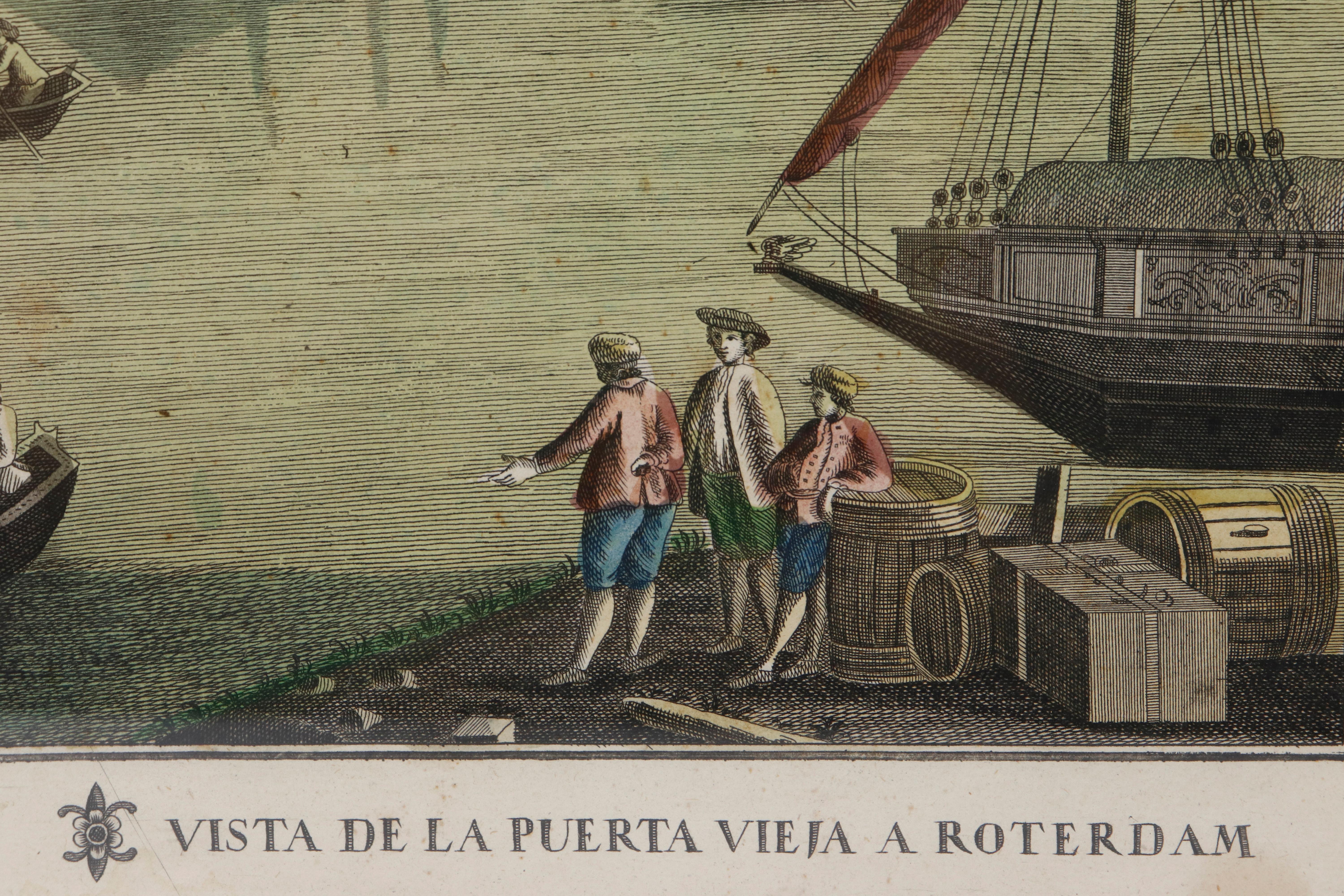 Antike handkolorierte Gravur des Hafens von Rotterdam (19. Jahrhundert) im Angebot