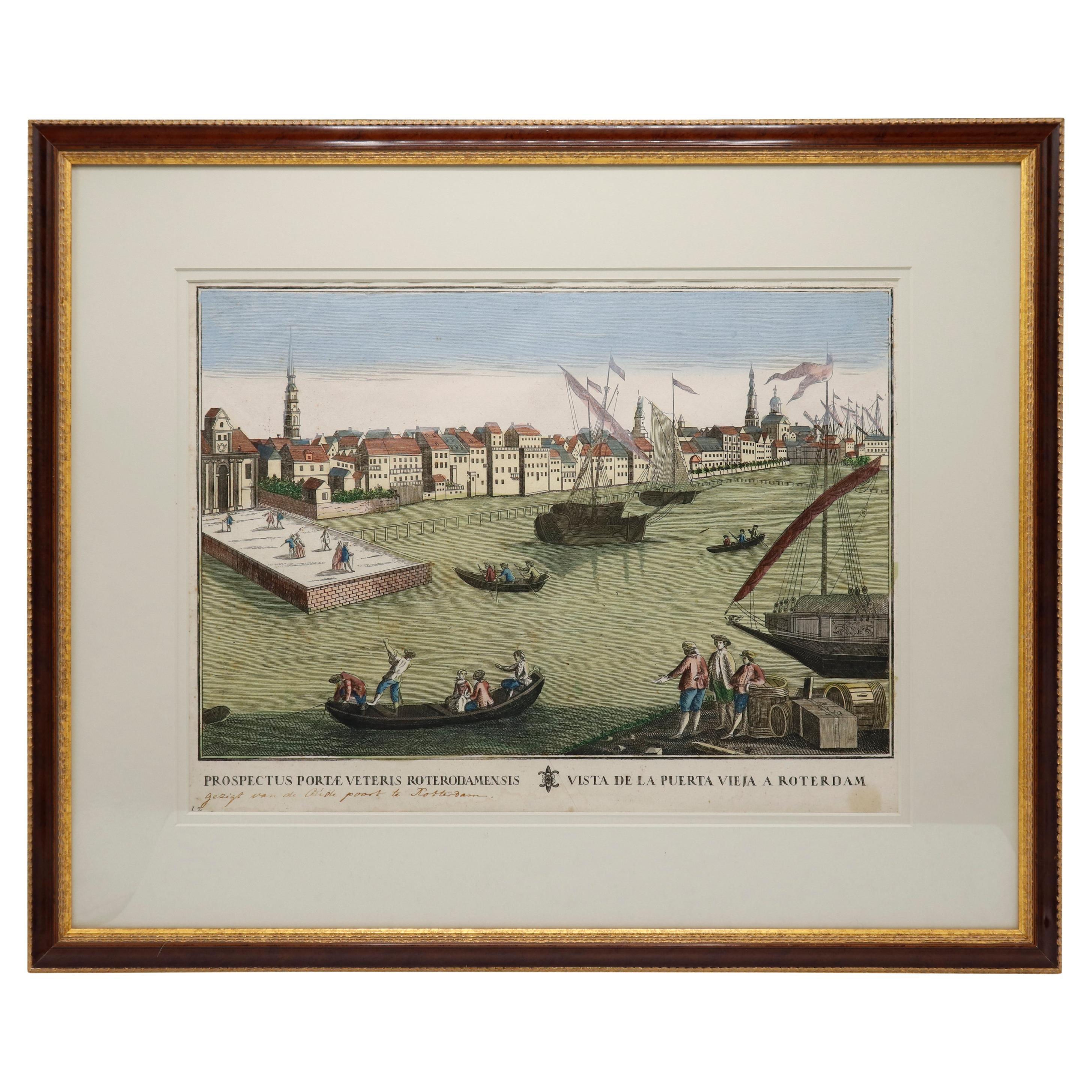 Antique Hand Colored Engraving of the Port of Rotterdam For Sale
