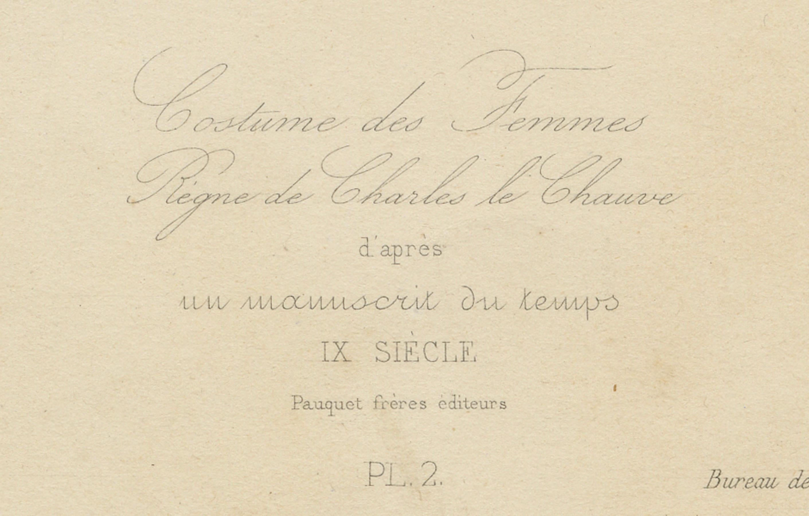 Antiker handkolorierter Modedruck einer karolingischen Dame aus dem 9. Jahrhundert, um 1860 (Mittleres 19. Jahrhundert) im Angebot