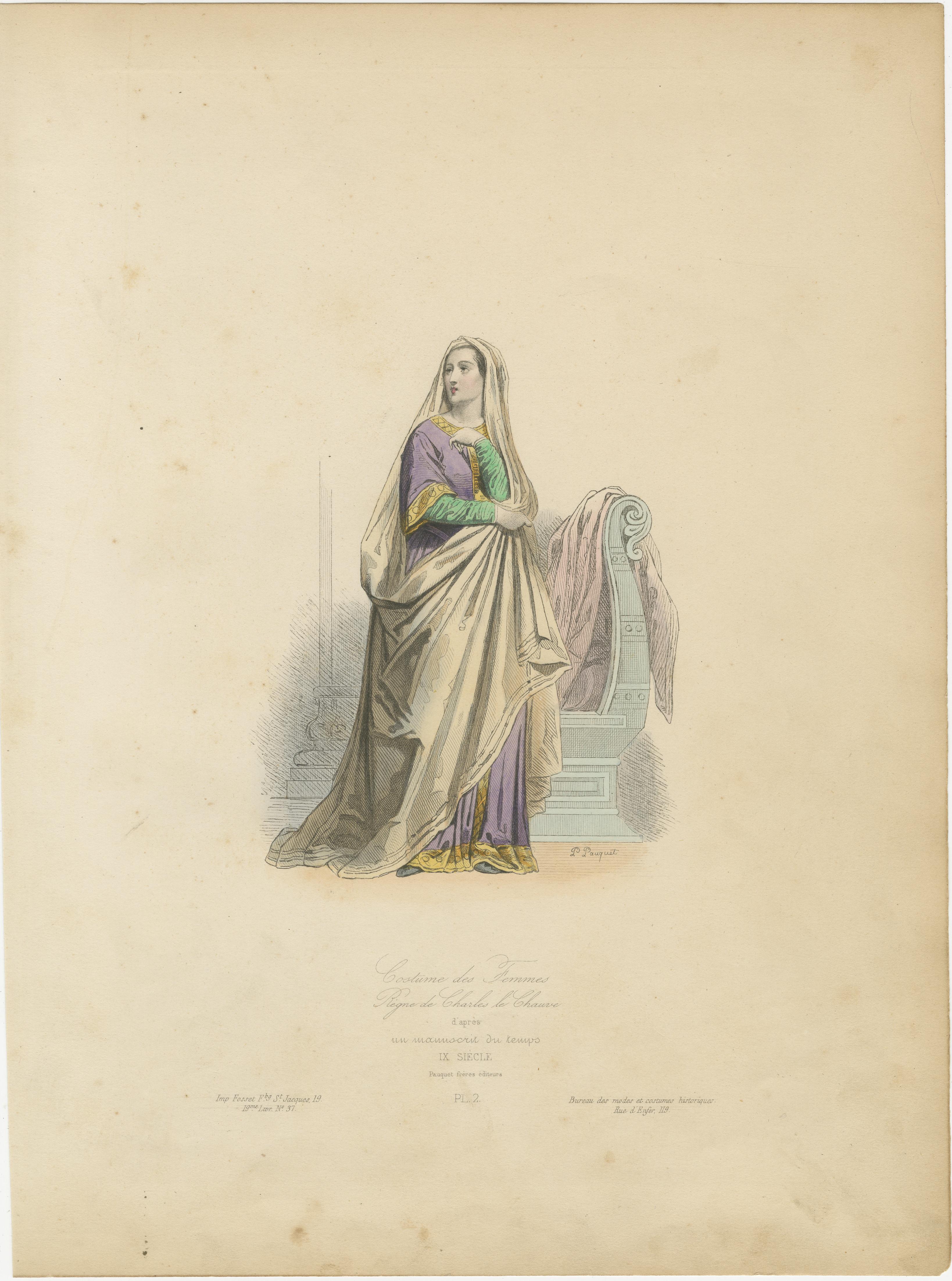 Antiker handkolorierter Modedruck einer karolingischen Dame aus dem 9. Jahrhundert, um 1860 im Angebot 2