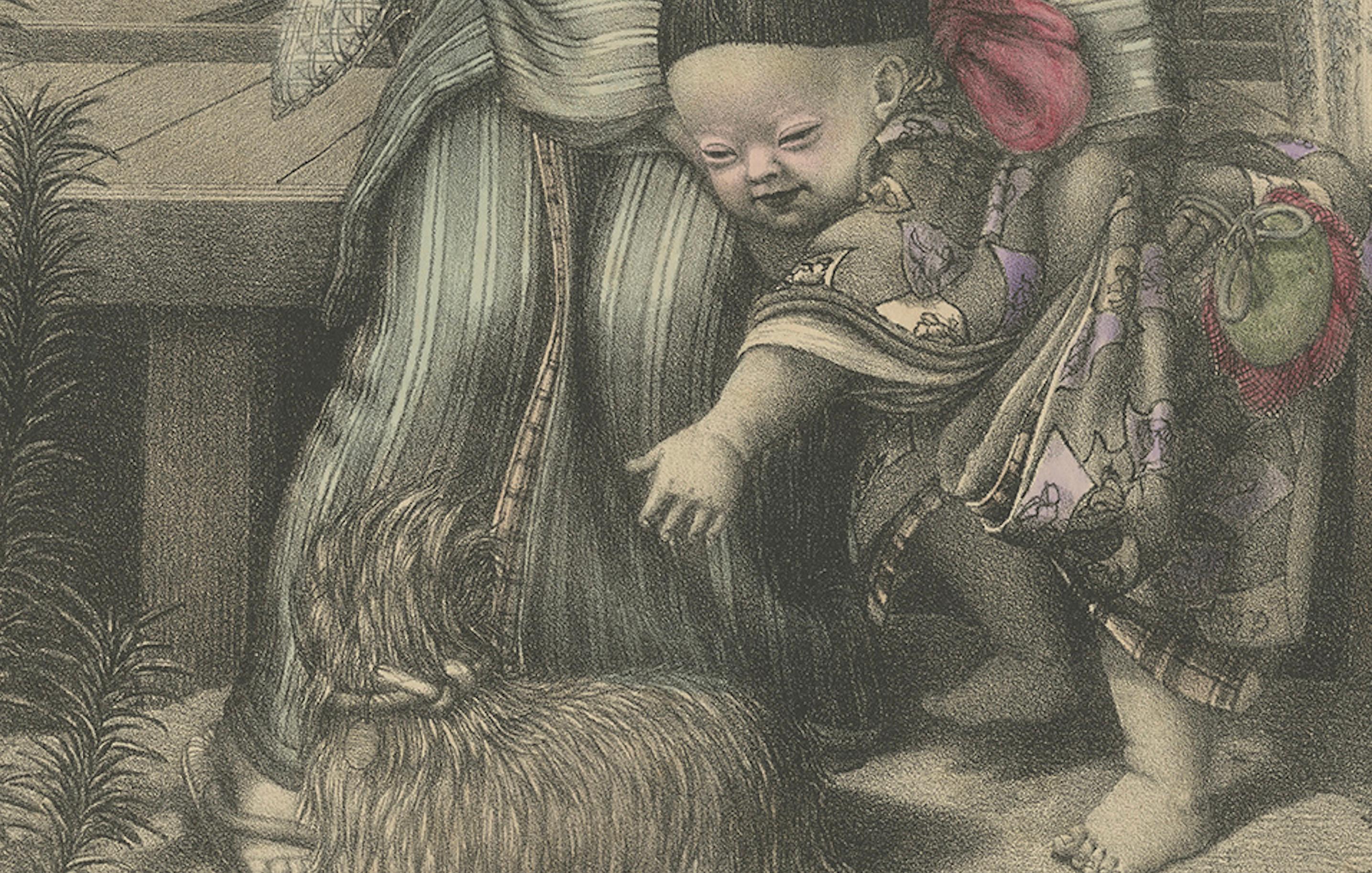 Antique Hand-Colored Japanese Lithograph: Mother, Child, and Dog Scene, c.1880 In Fair Condition For Sale In Langweer, NL