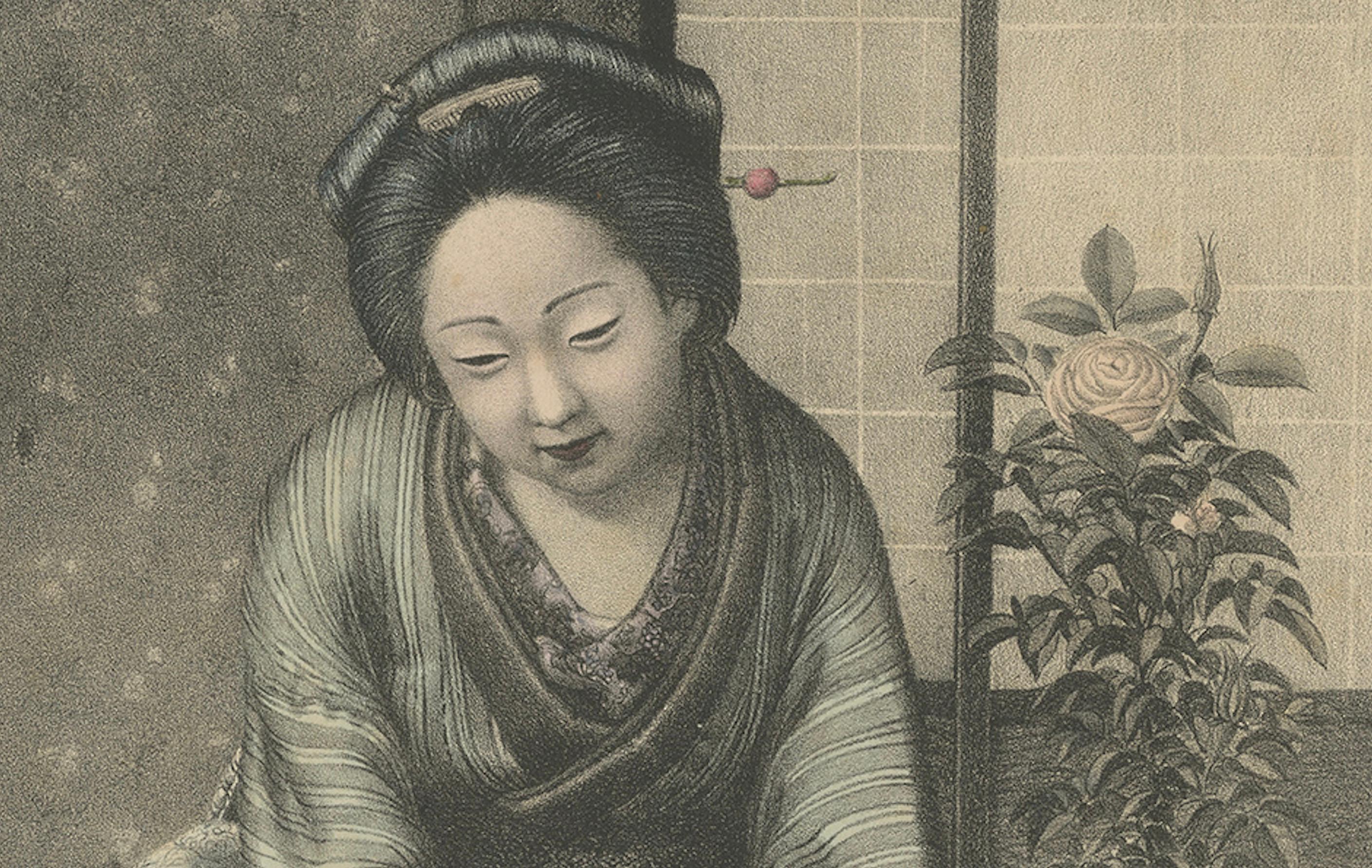Late 19th Century Antique Hand-Colored Japanese Lithograph: Mother, Child, and Dog Scene, c.1880 For Sale