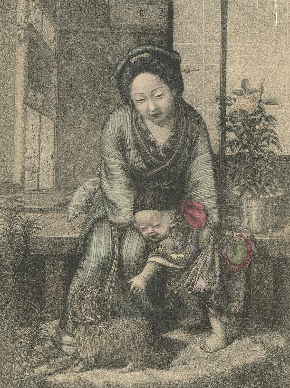 Paper Antique Hand-Colored Japanese Lithograph: Mother, Child, and Dog Scene, c.1880 For Sale