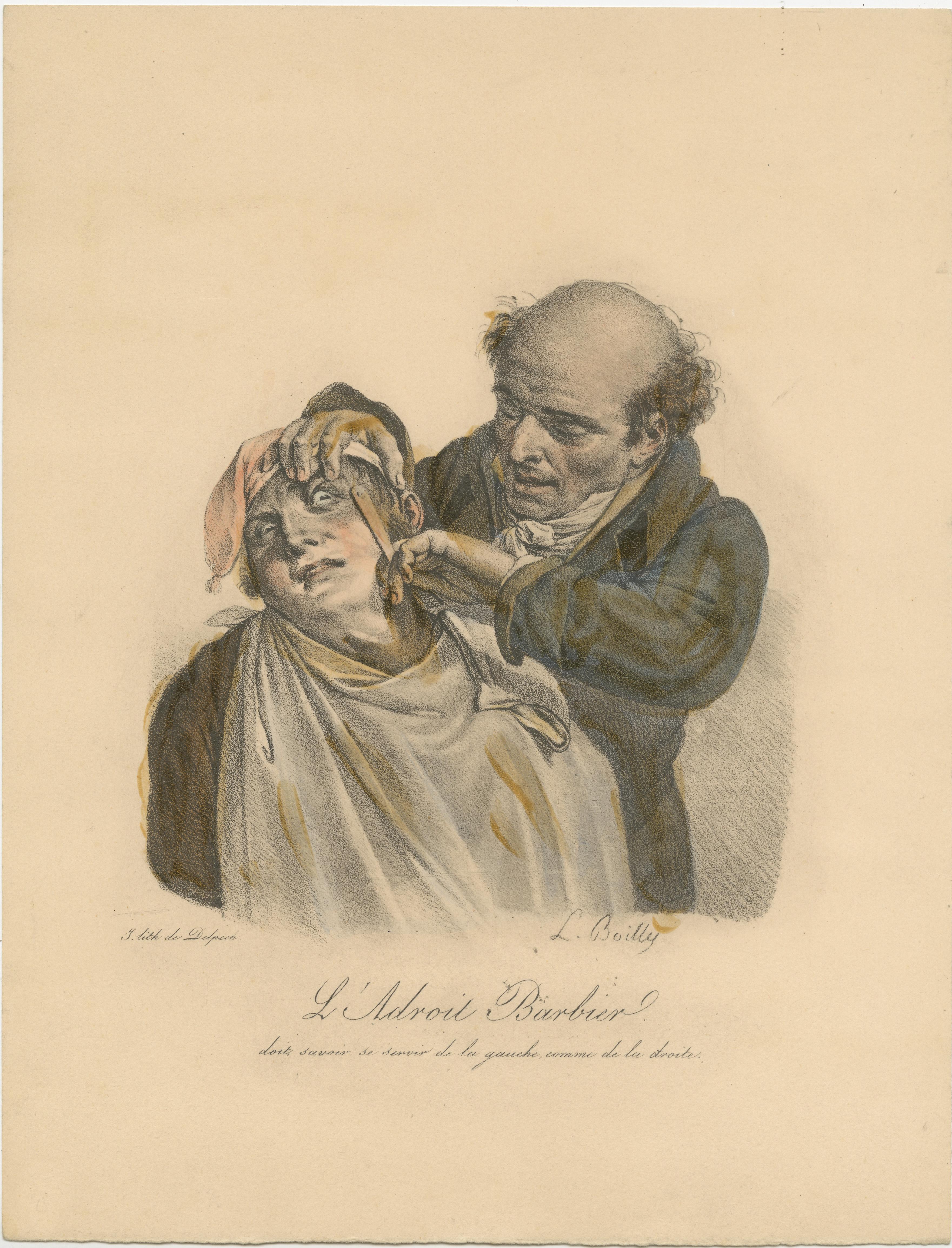 Antique print titled 'L'Adroit Barbier (..)'. Hand Colored Lithograph of a barber. Originates from Boilly's 