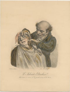Antique Hand Colored Lithograph of a Barber