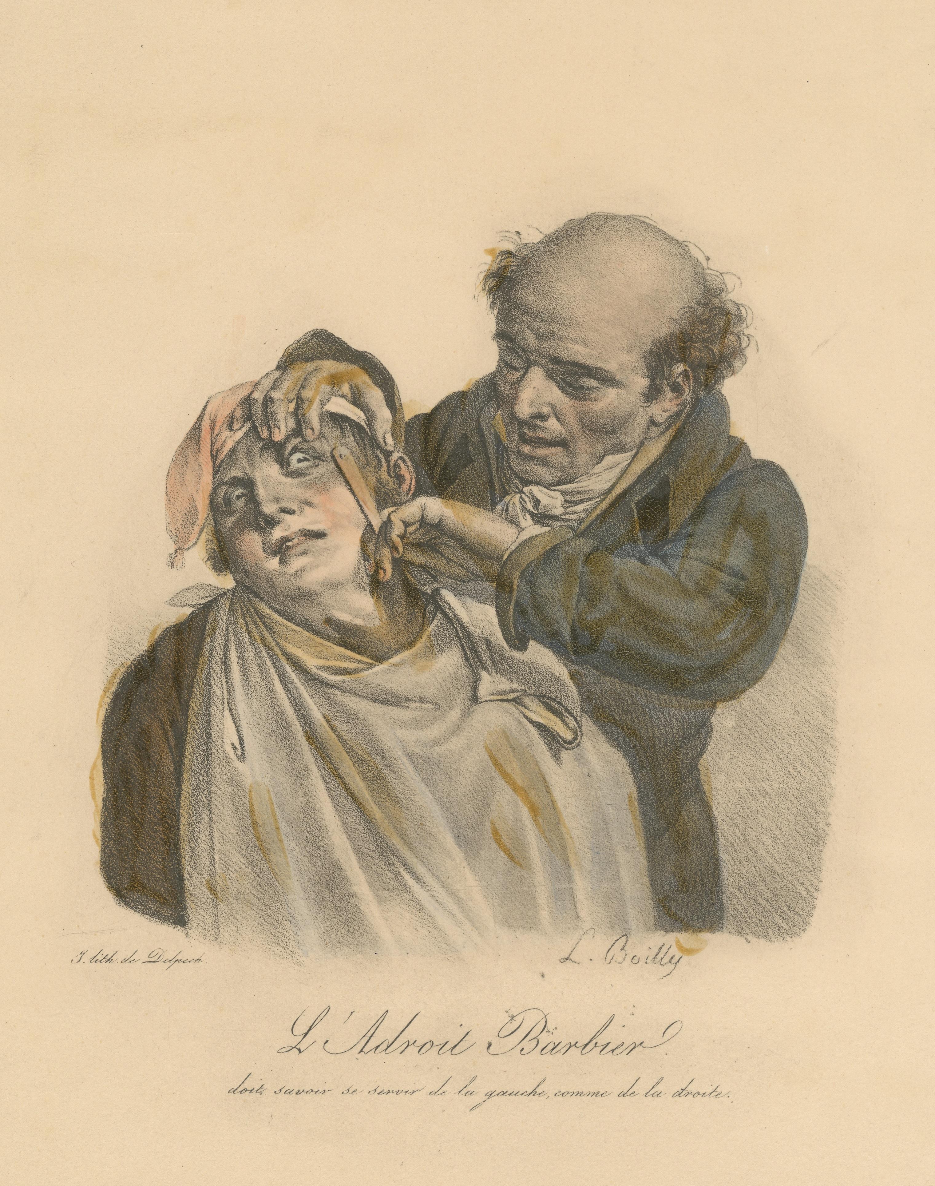Antique Hand Colored Lithograph of a Barber In Fair Condition For Sale In Langweer, NL